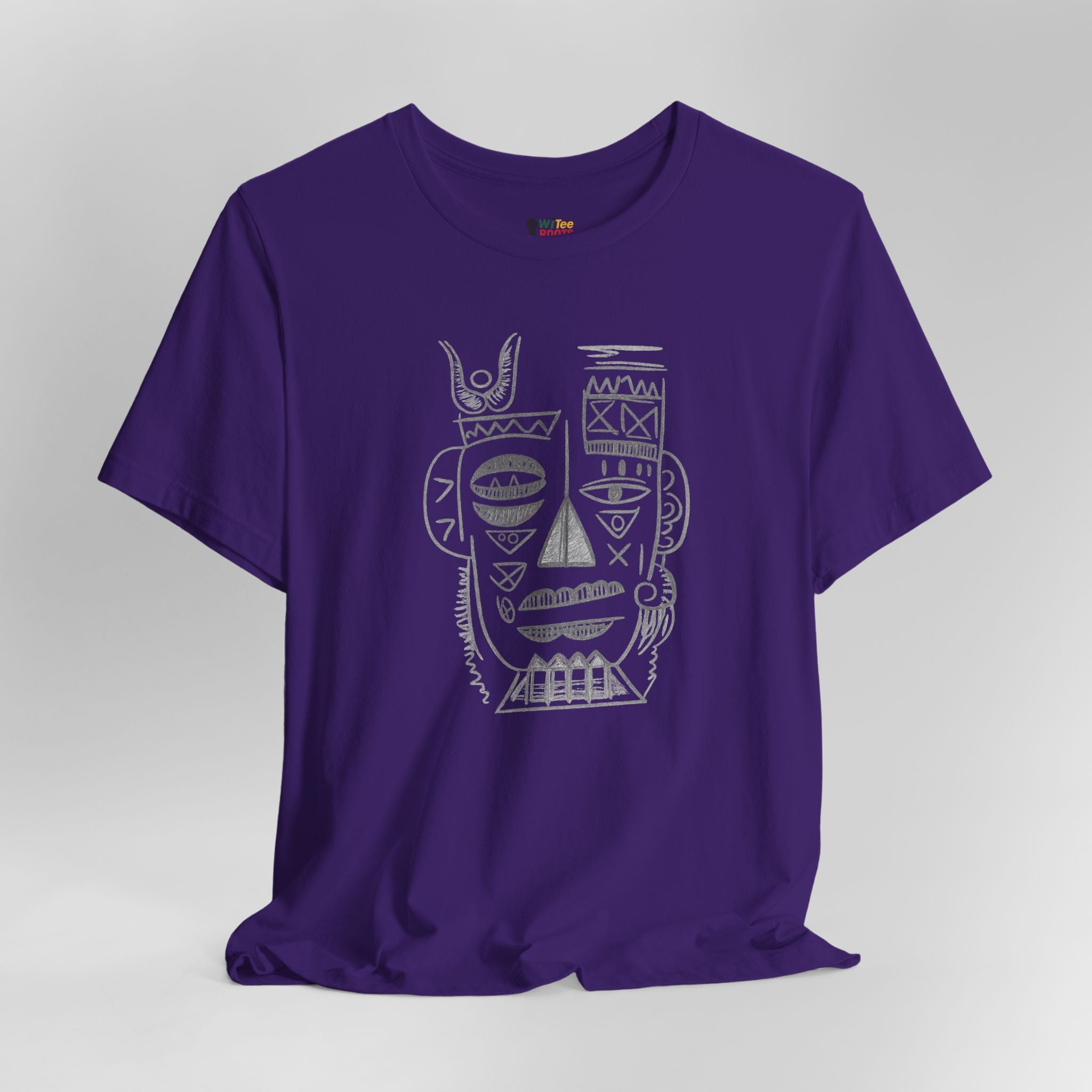 Purple t-shirt with a white graphic design on a gray background