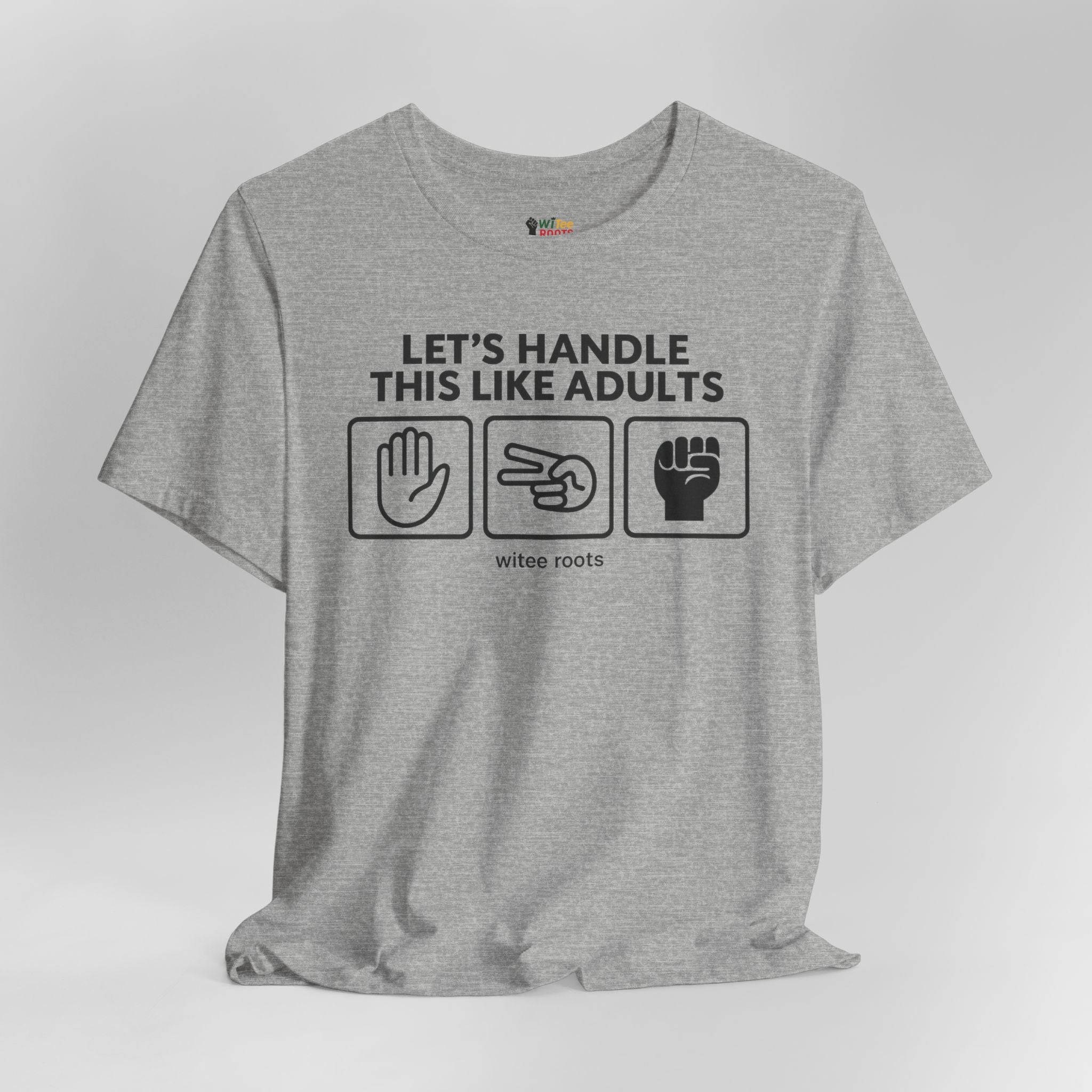 Gray t-shirt with text and icons on a white background