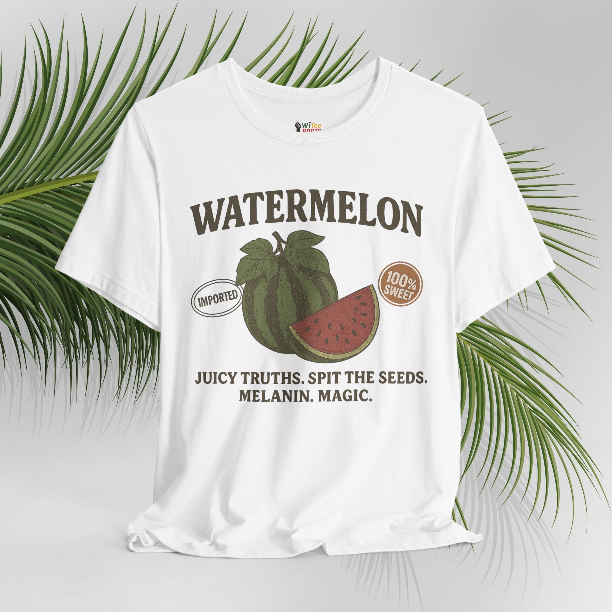 White t-shirt with watermelon graphic and text on a light gray background with green leaves.