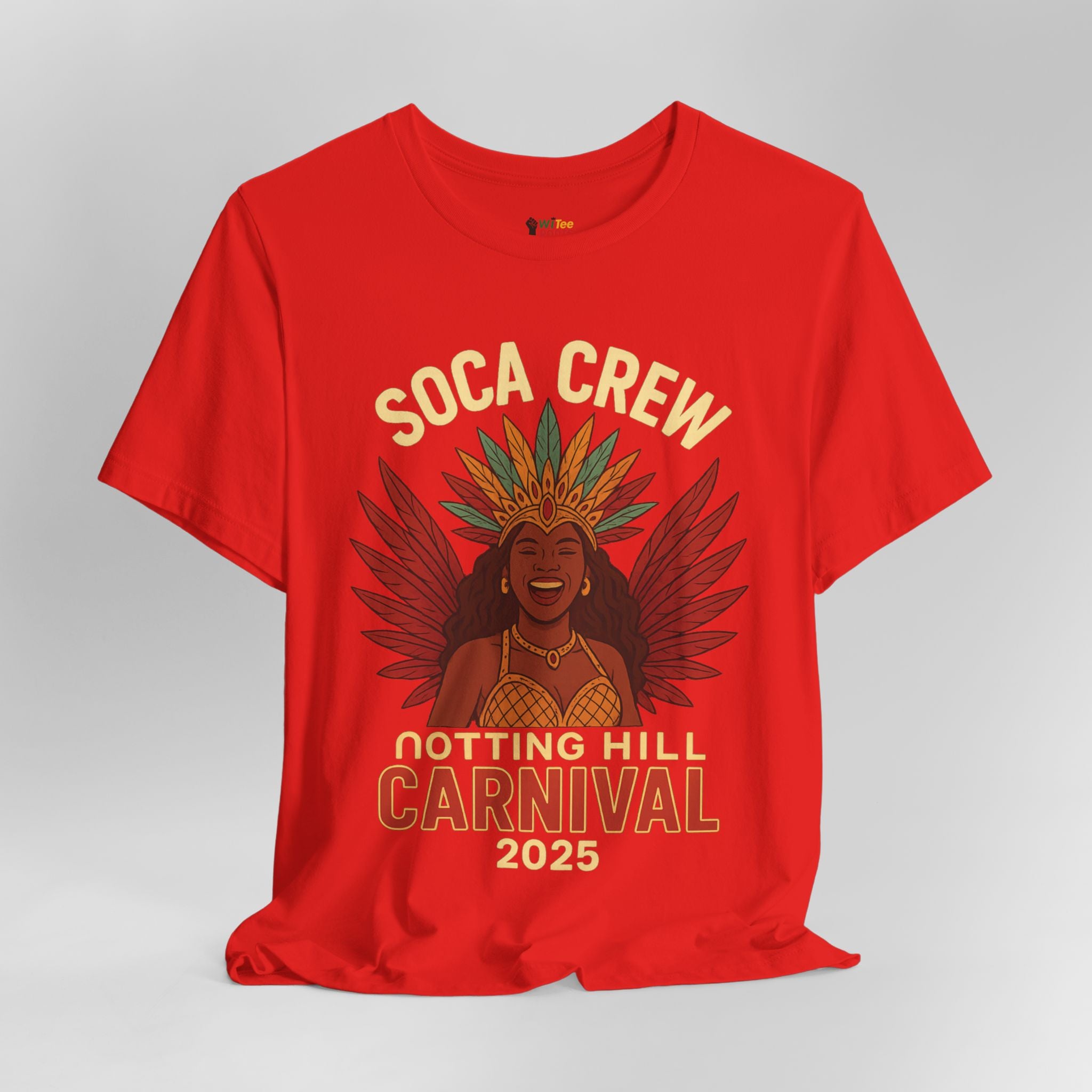 Red t-shirt with 'Soca Crew Notting Hill Carnival 2025' design on a gray background