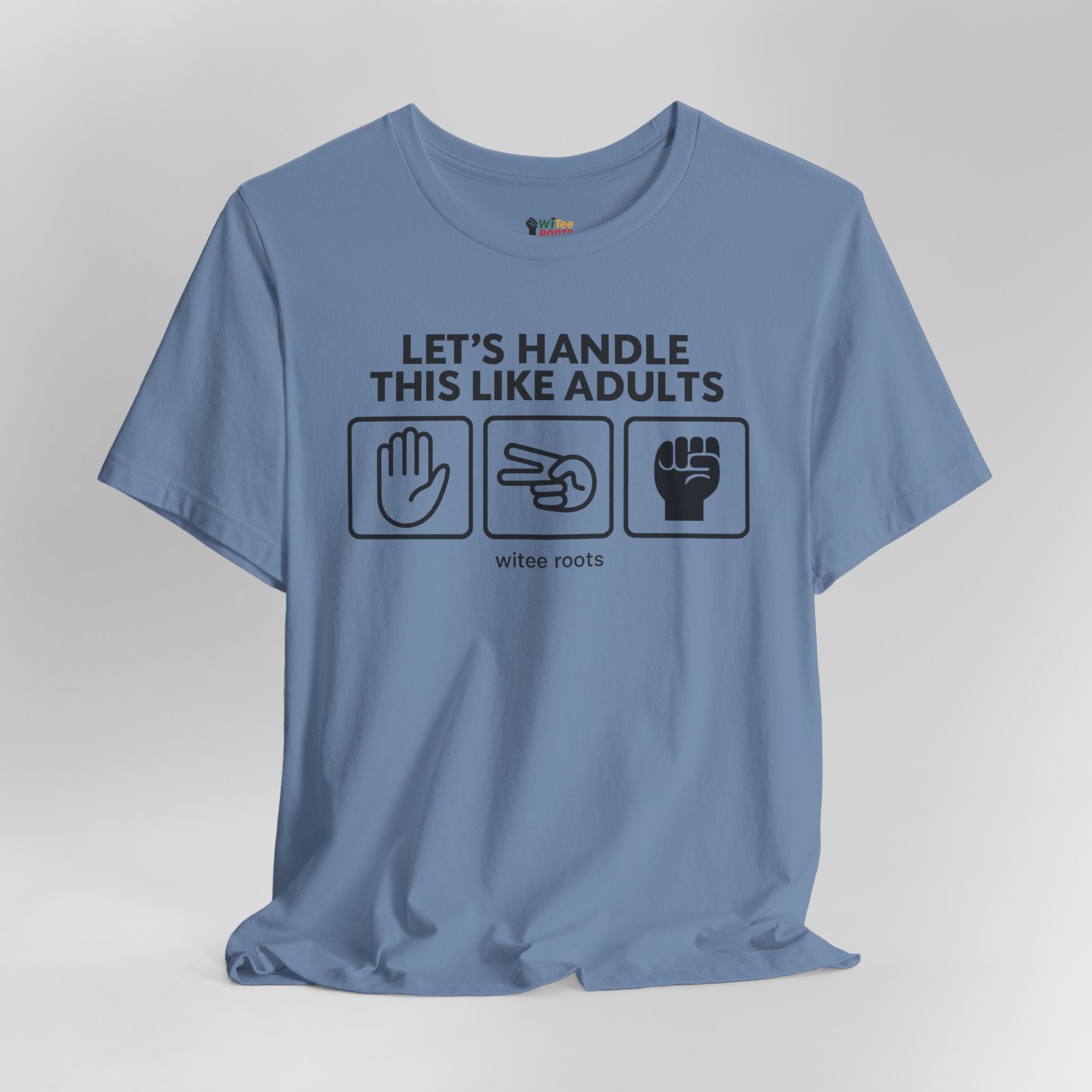 Blue t-shirt with text and graphics on a gray background