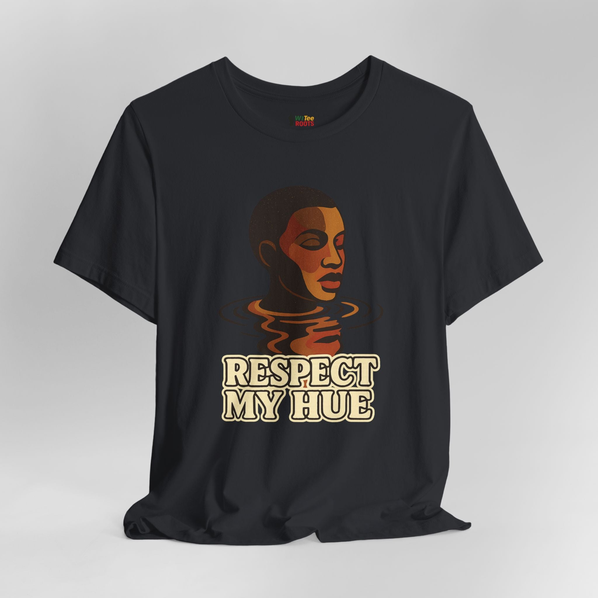 Black t-shirt with a graphic of a face and 'Respect My Hue' text on a gray background