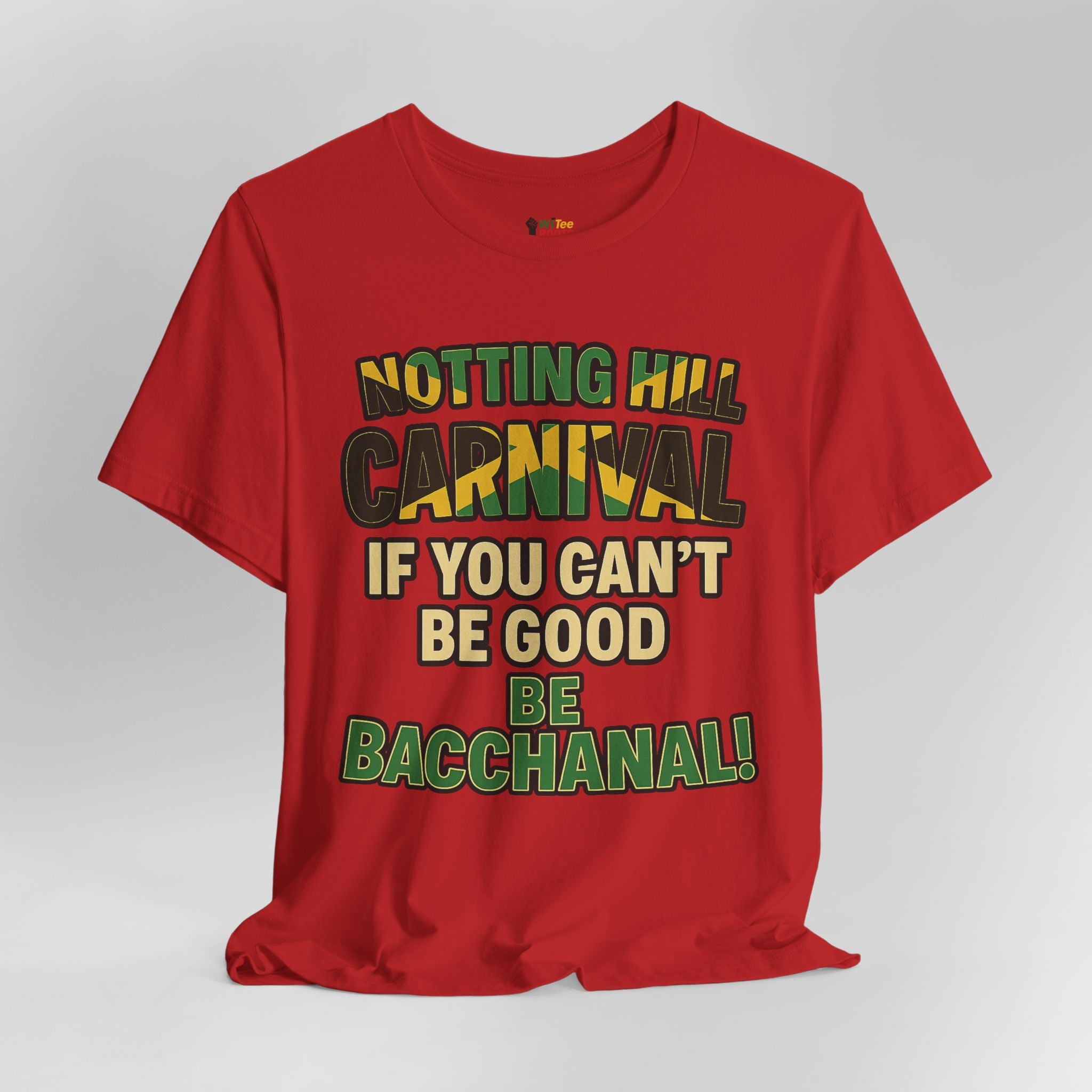 Red t-shirt with colorful text on a gray background