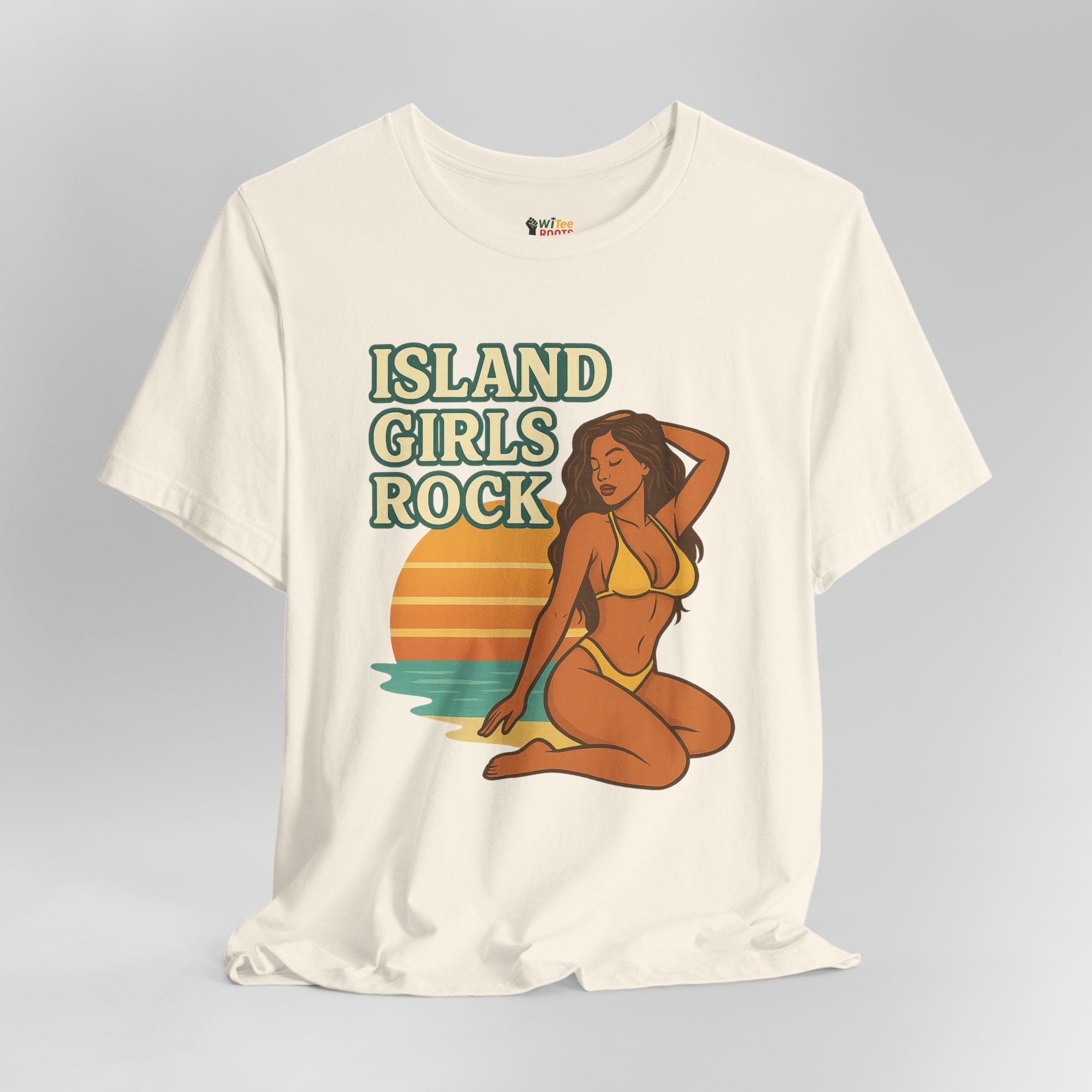 White t-shirt with 'Island Girls Rock' graphic design on a gray background