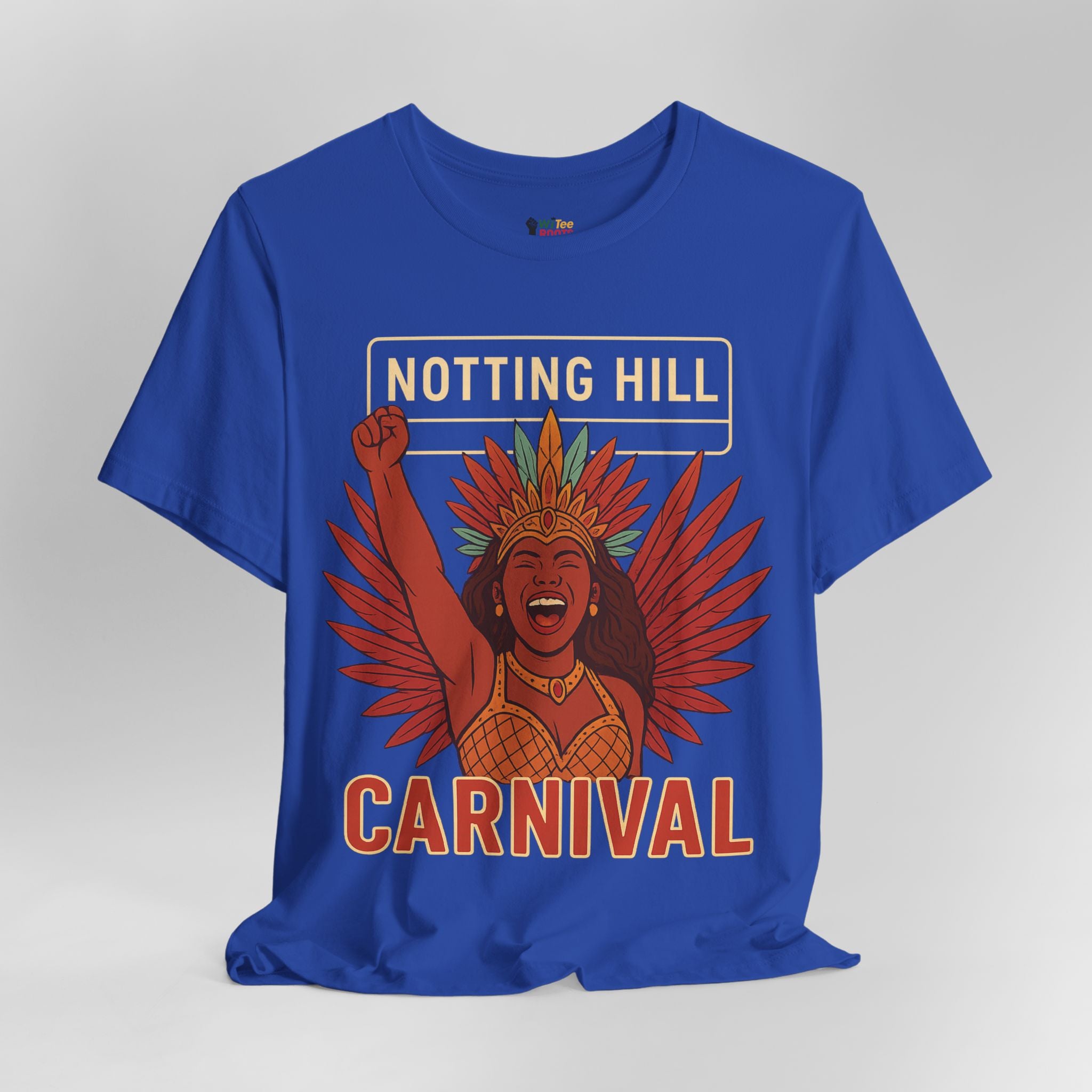 Blue t-shirt with 'Notting Hill Carnival' design featuring a woman and palm leaves on a gray background
