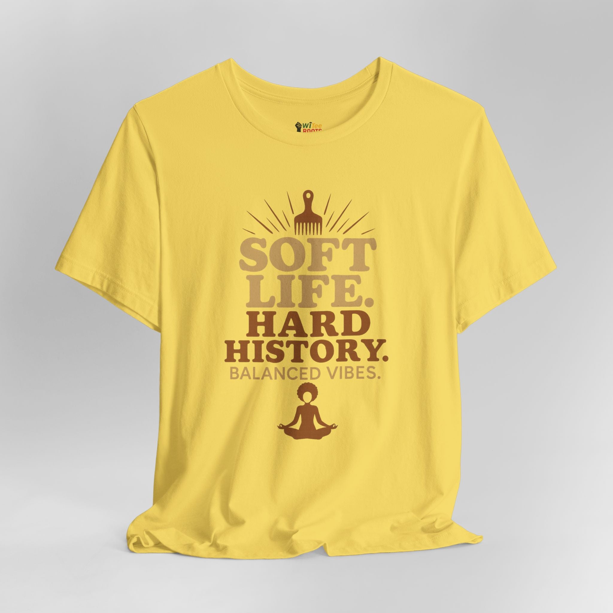Yellow t-shirt with text and graphics on a gray background