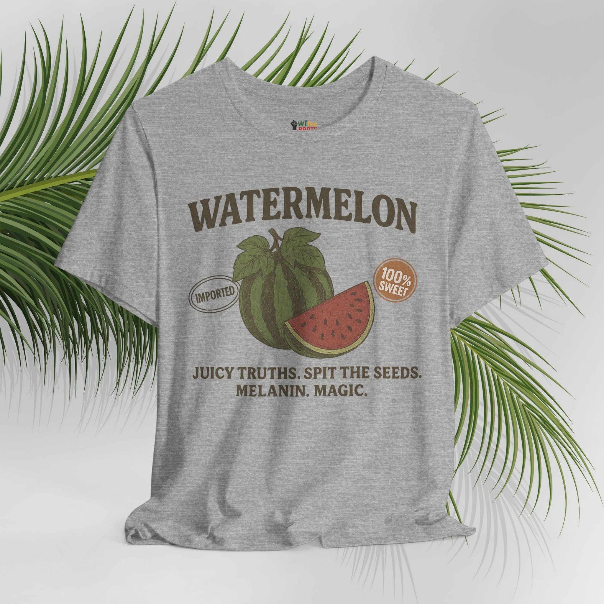 Gray t-shirt with watermelon graphic and text on a white background with green leaves.