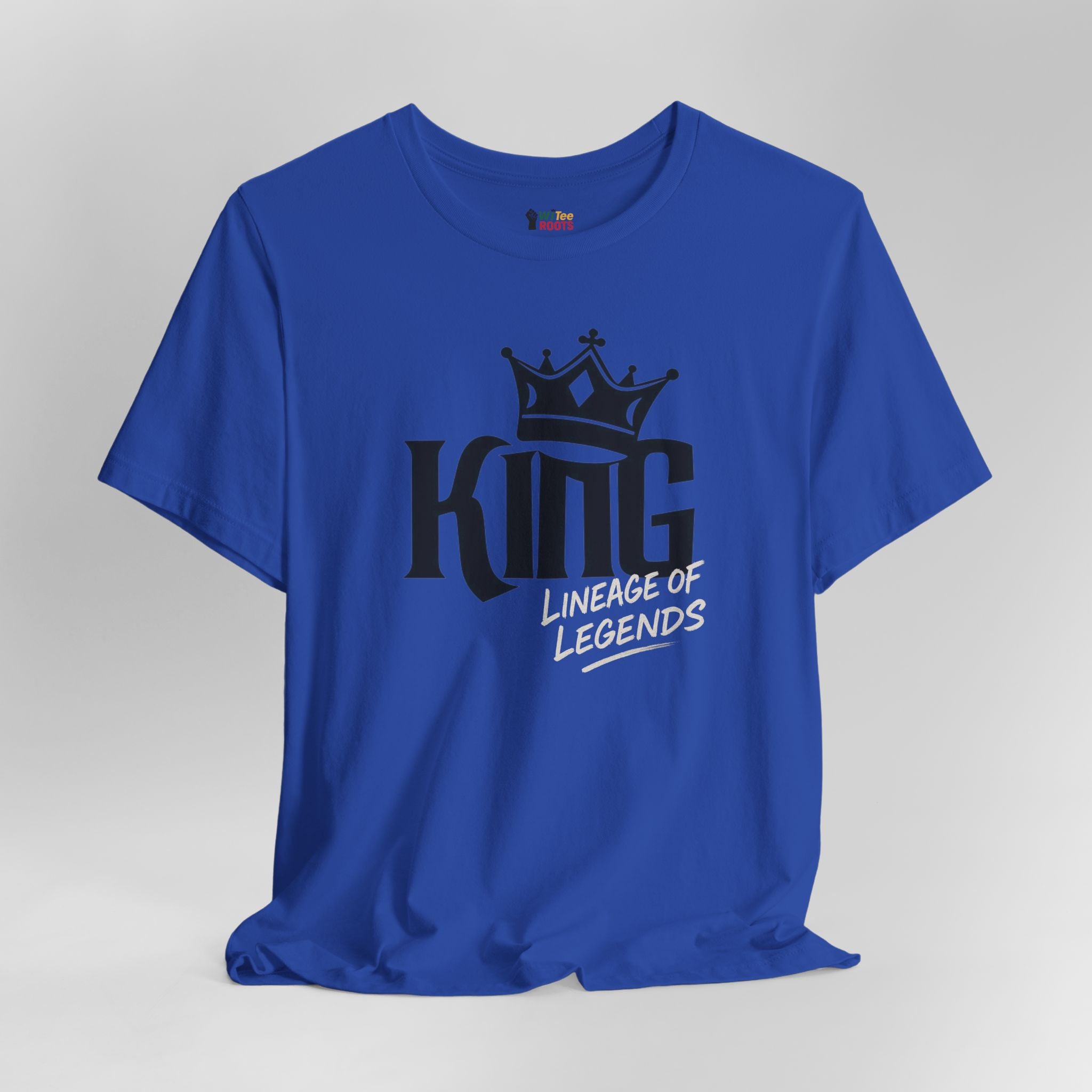Blue t-shirt with 'King Lineage of Legends' text on a gray background