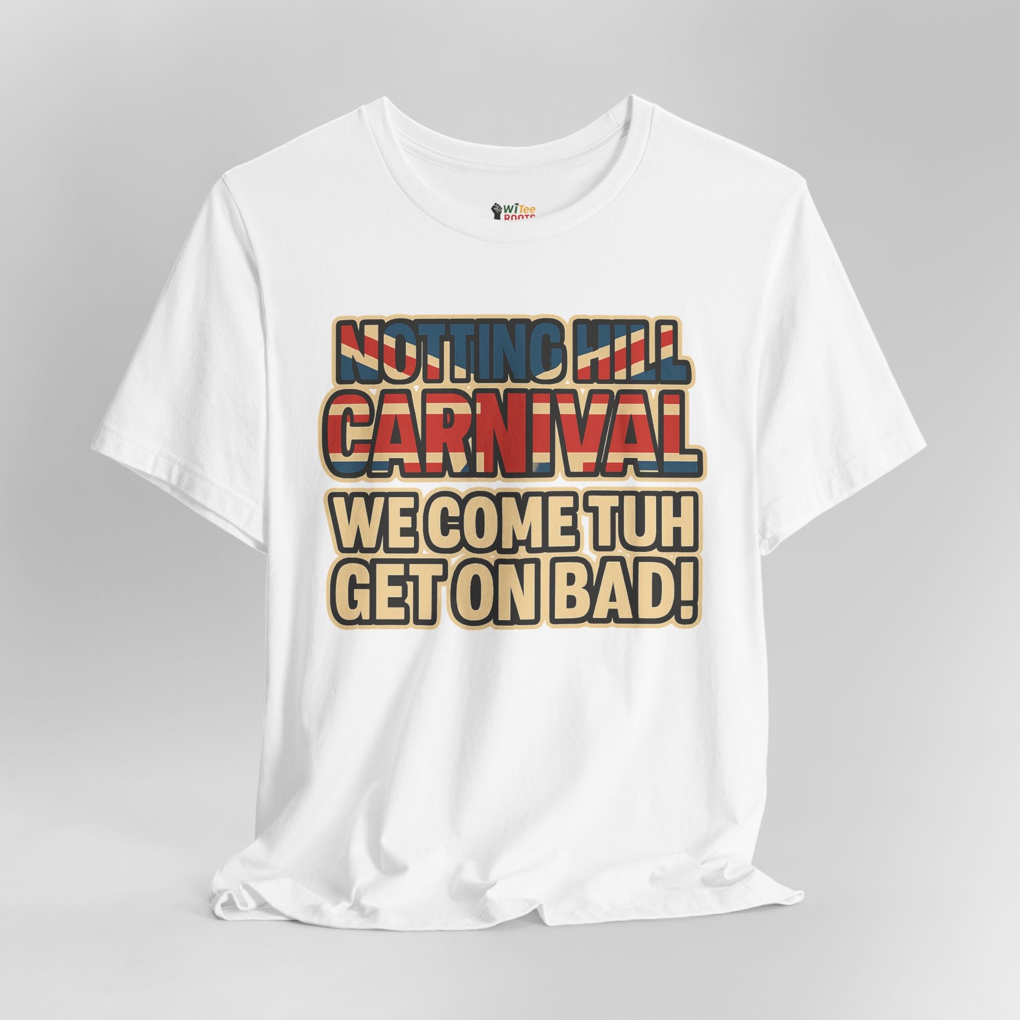 White t-shirt with colorful text design on a gray background