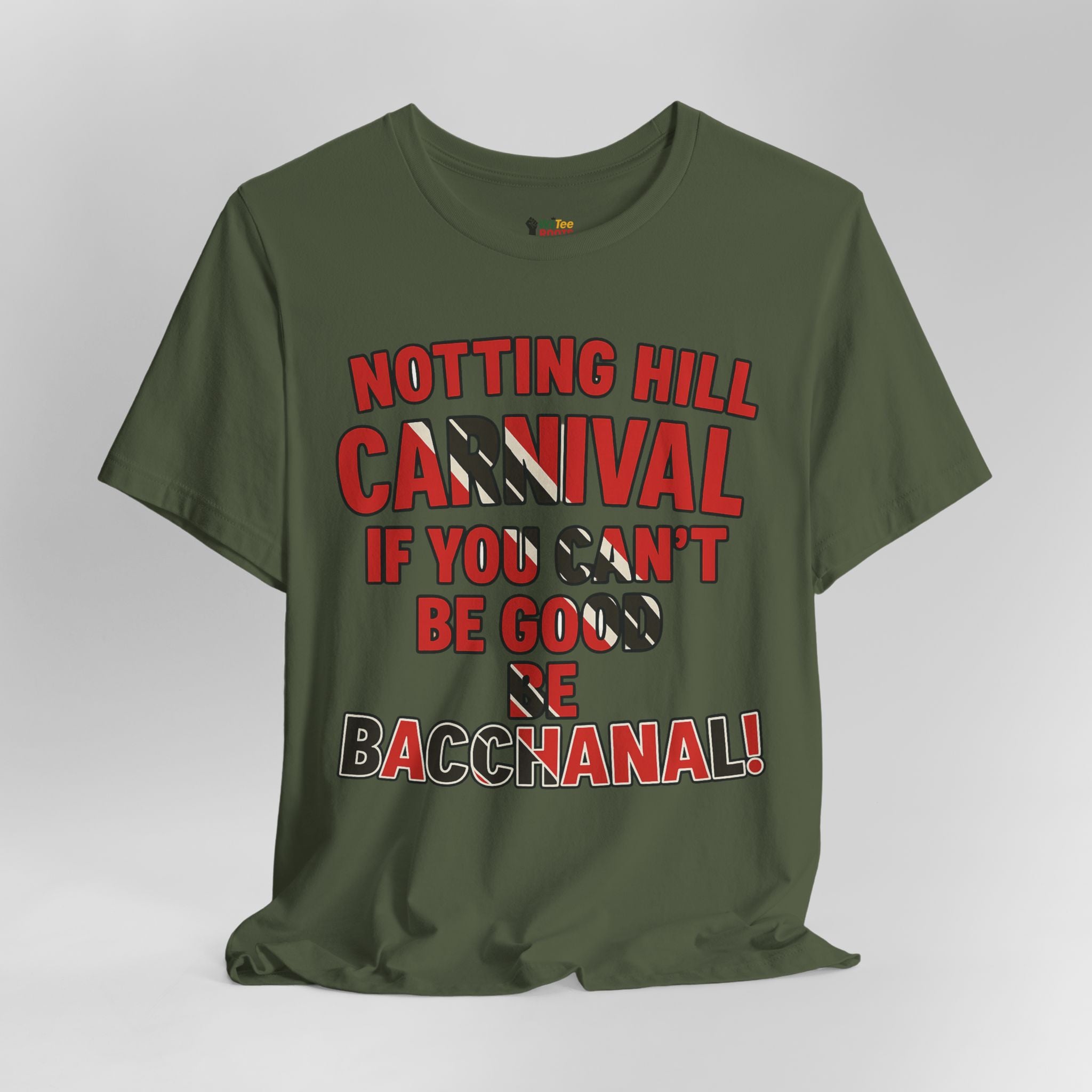 Green t-shirt with red and black text on a white background