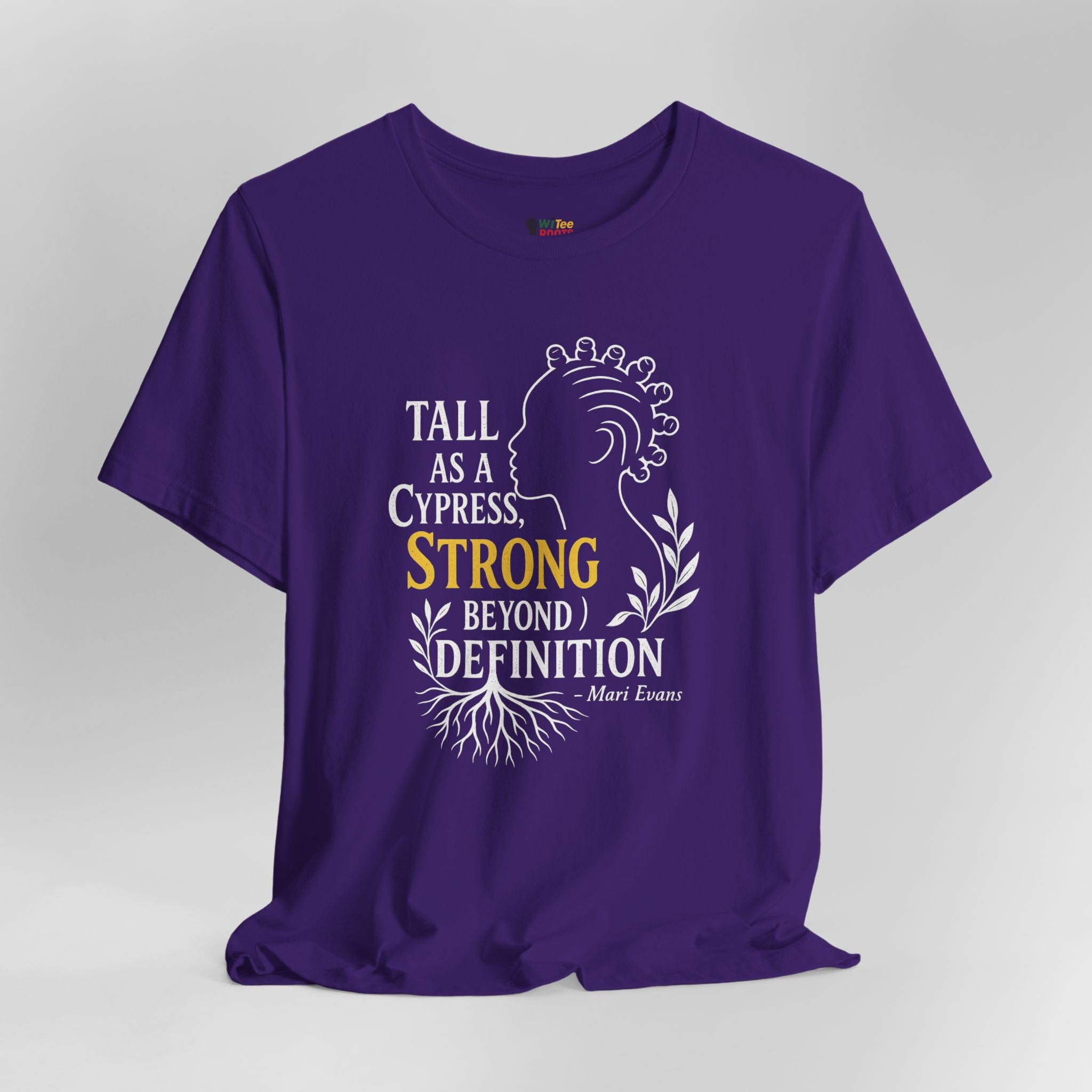Purple t-shirt with motivational quote design on a gray background
