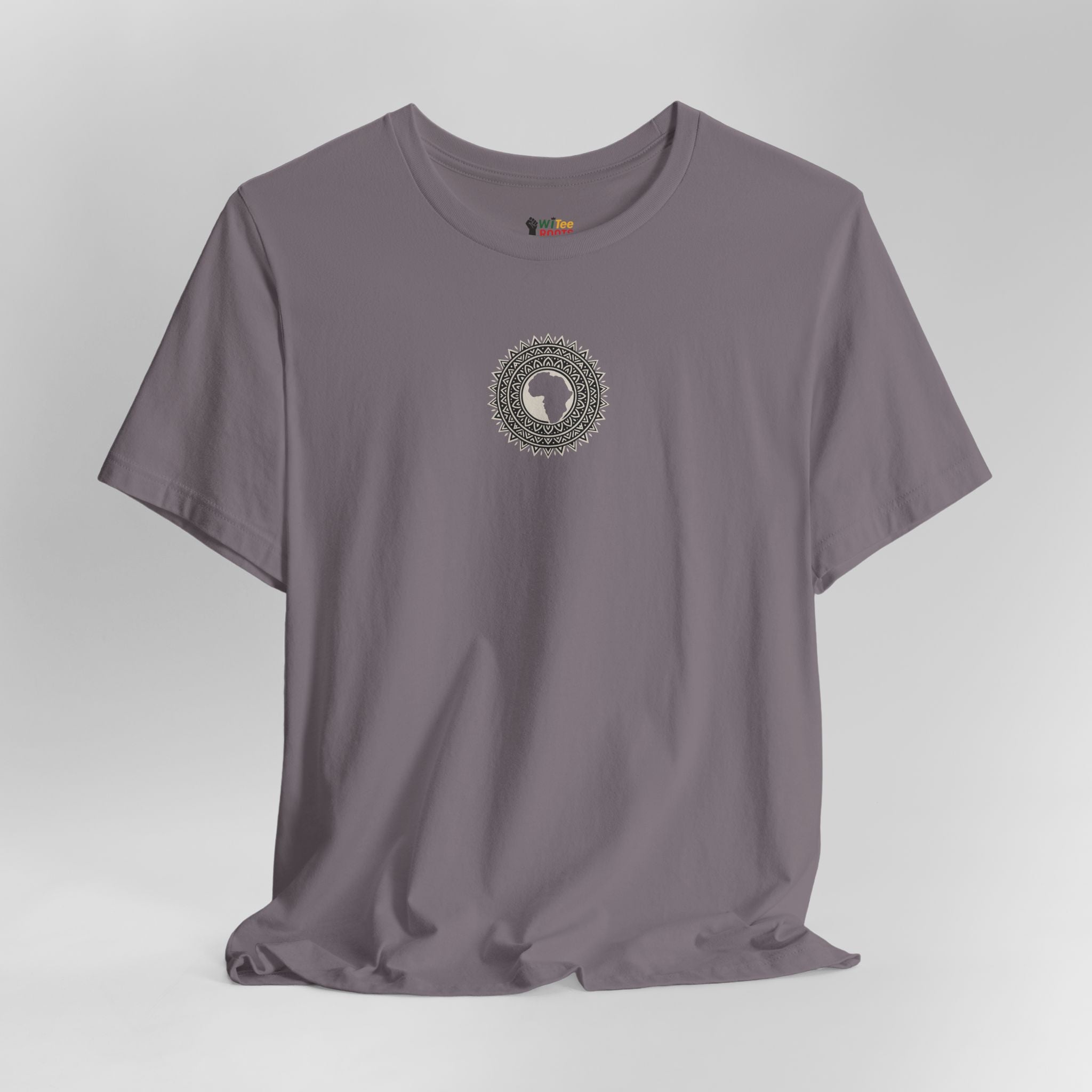 Gray t-shirt with a circular design on the chest against a light gray background