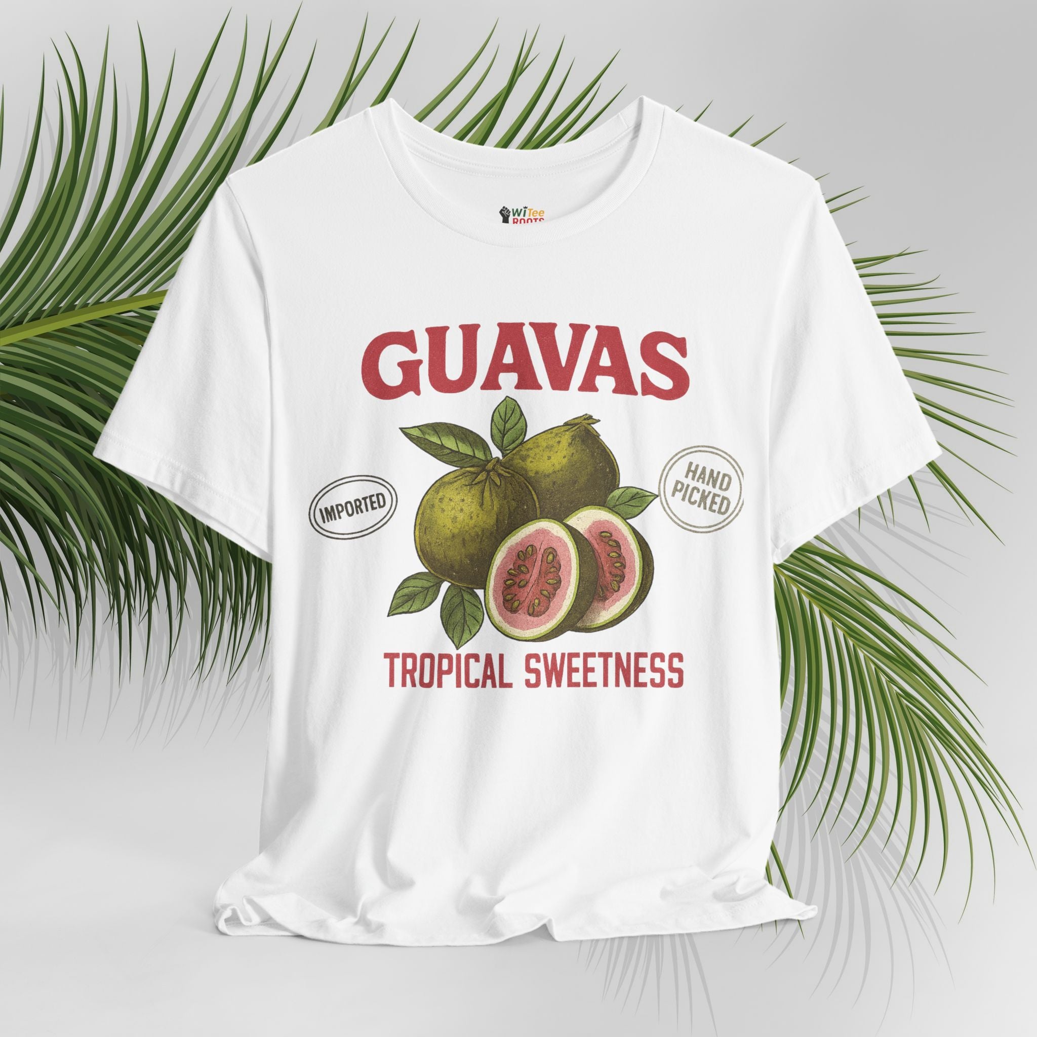 White t-shirt with guava graphic and text on a light gray background with green leaves.