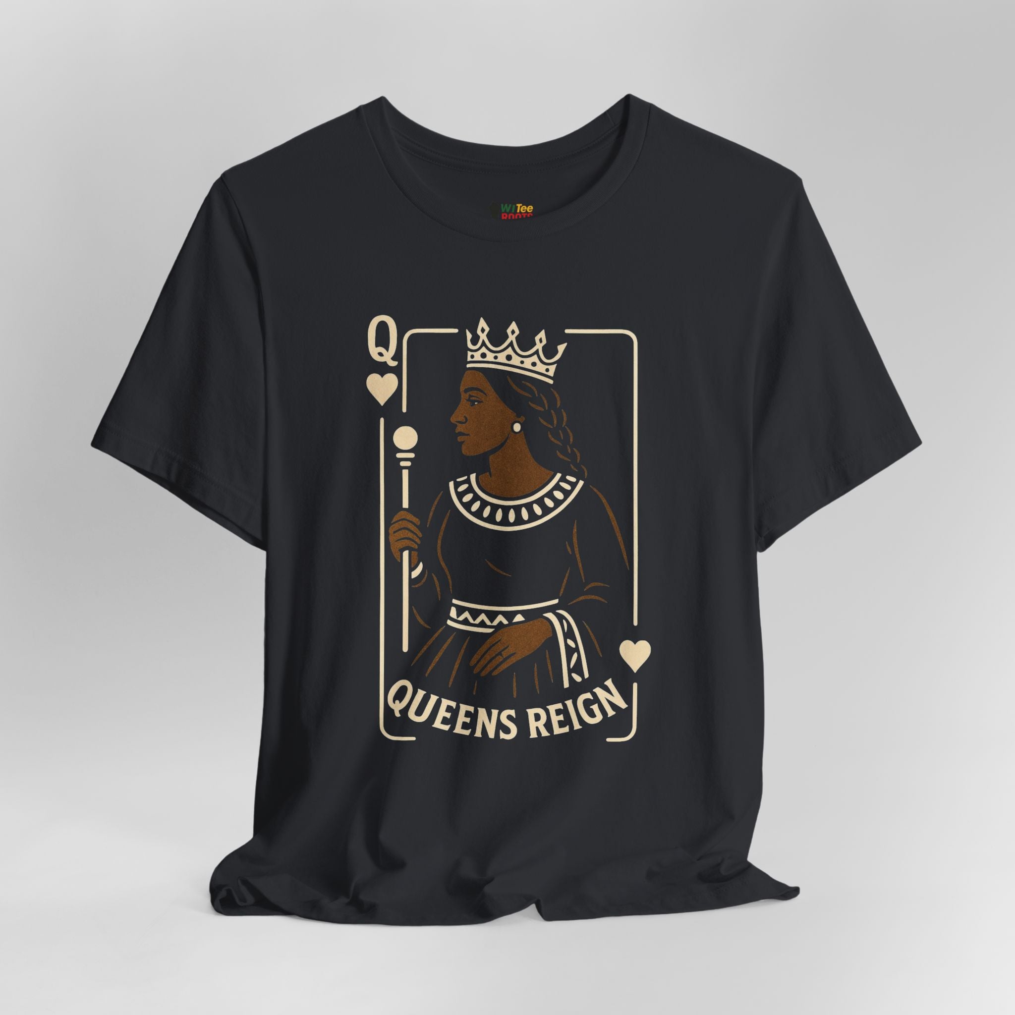 Black t-shirt with 'Queens Reign' graphic design on a gray background