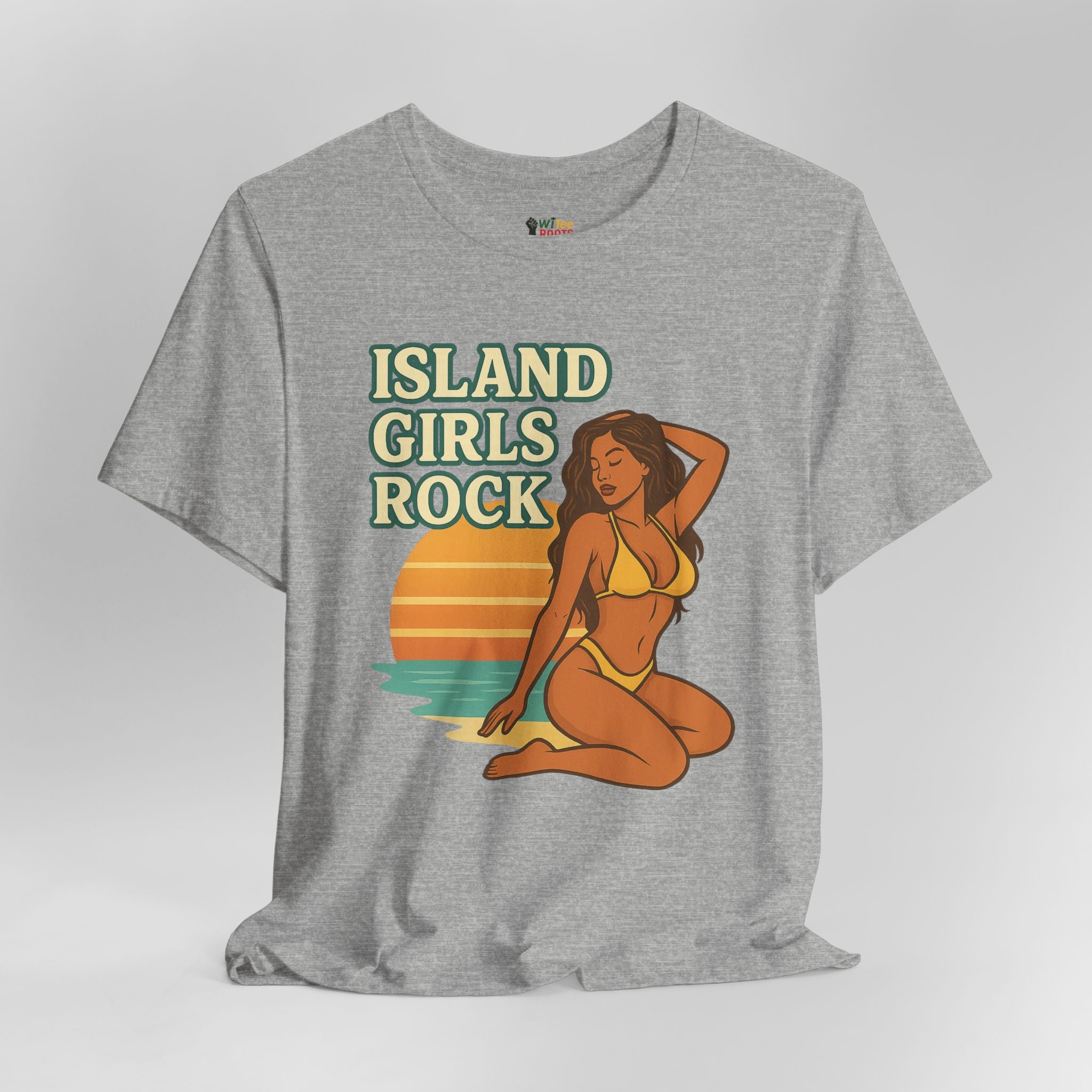 Gray t-shirt with 'Island Girls Rock' graphic design on a gray background