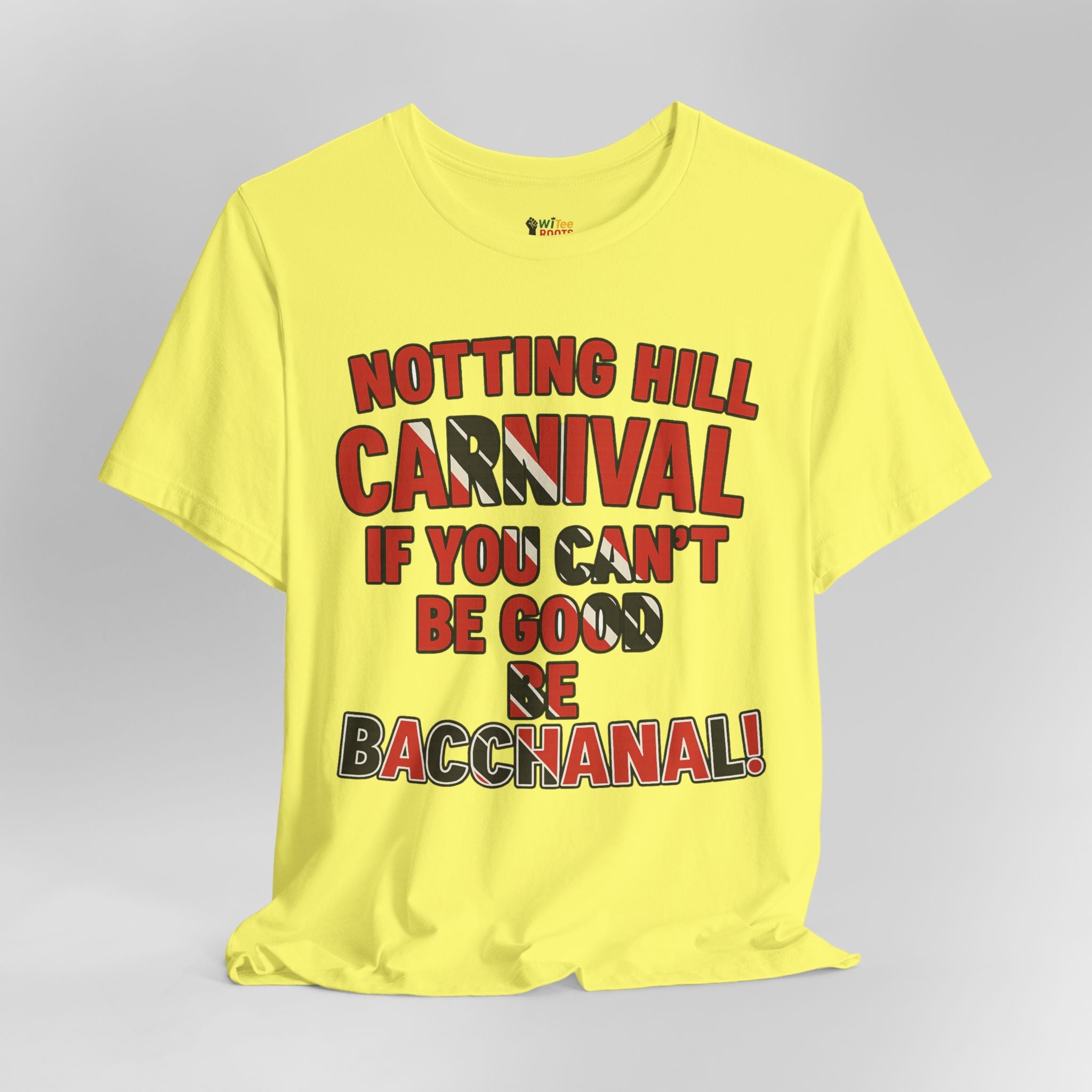 Yellow t-shirt with colorful text on a gray background