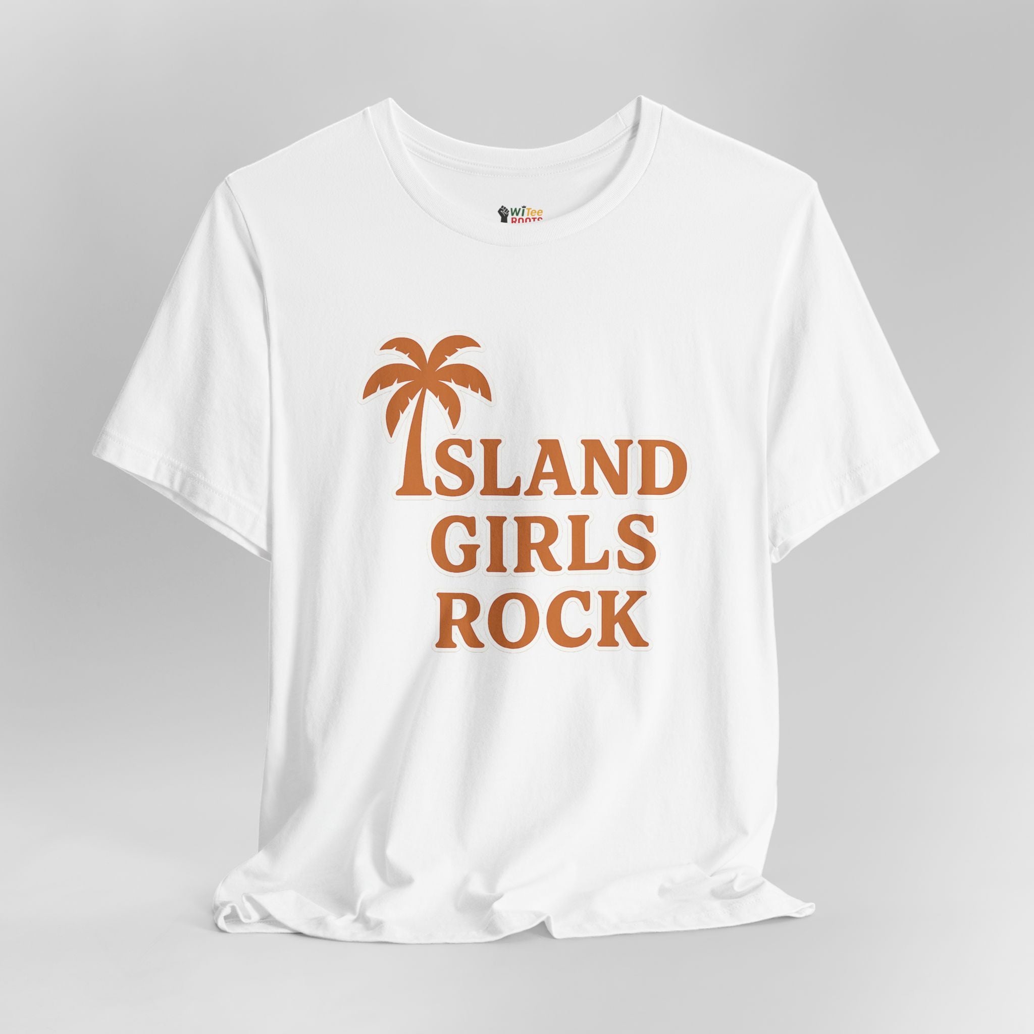 White t-shirt with 'Island Girls Rock' text and palm tree design on a gray background