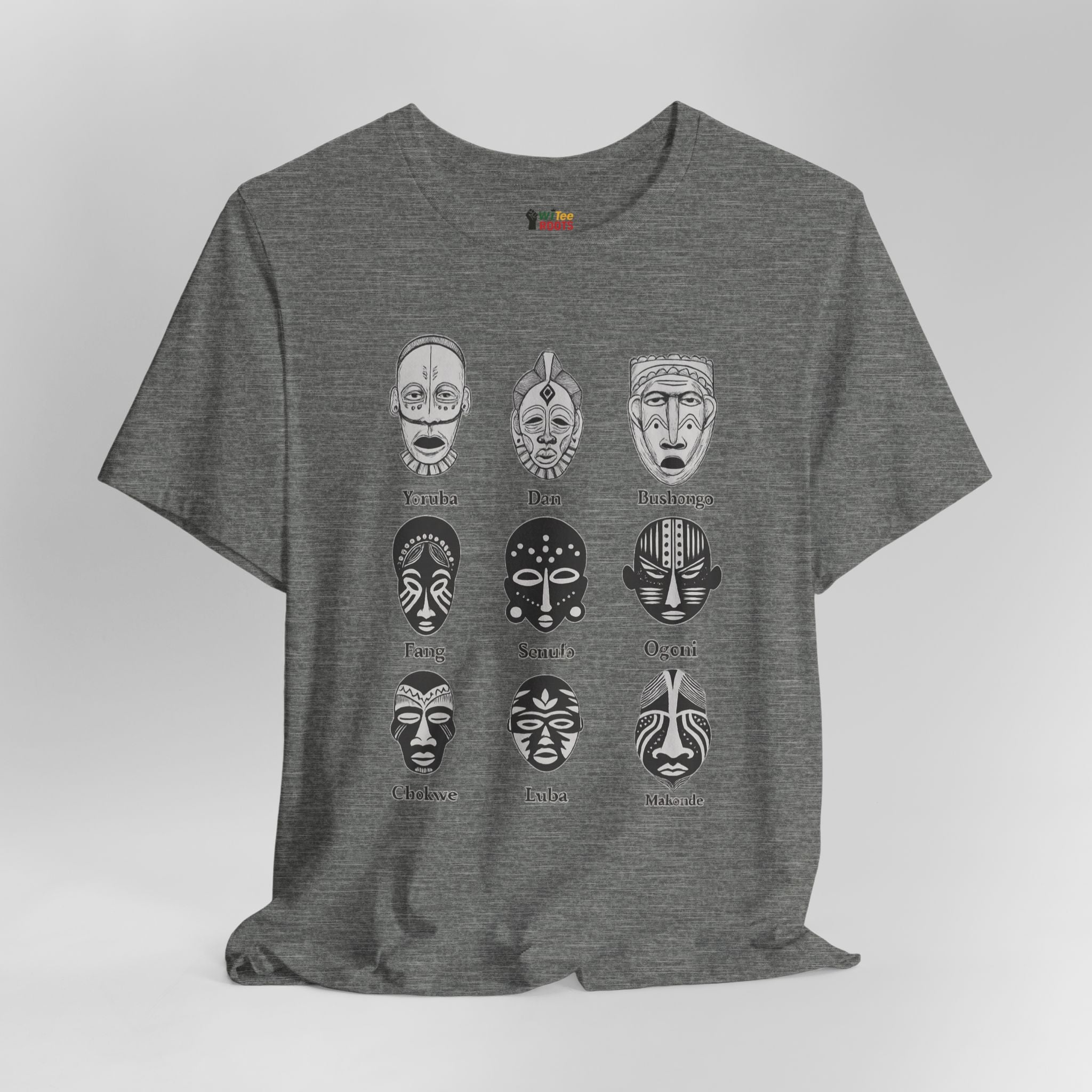 Gray t-shirt with black and white mask designs on a light gray background