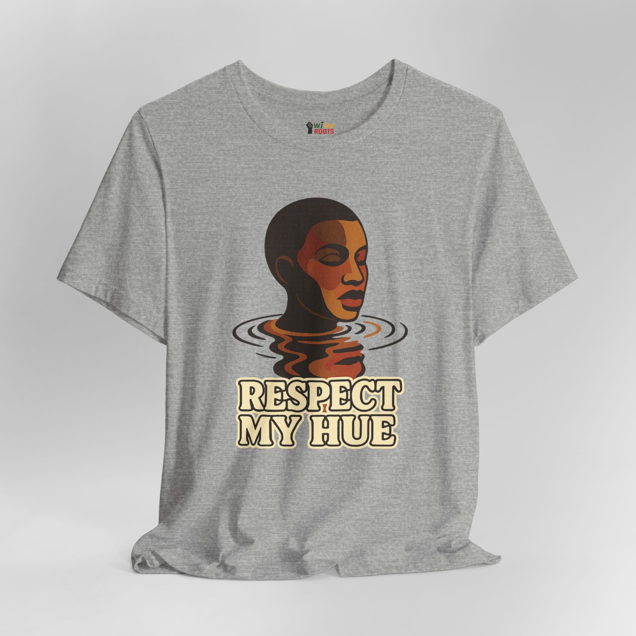 Gray t-shirt with a graphic of a person's head and 'Respect My Hue' text on a white background