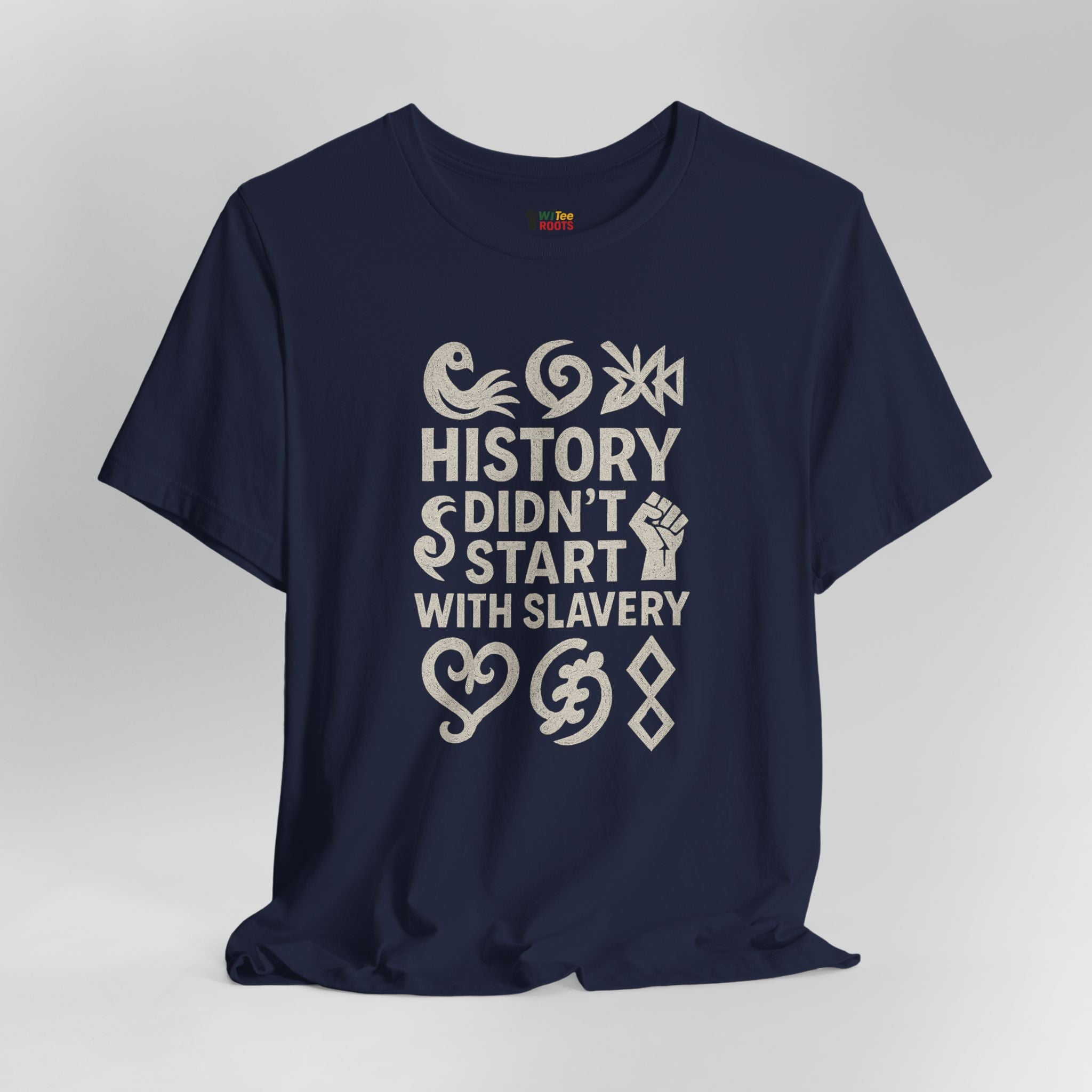 Navy blue t-shirt with white text and symbols on a gray background