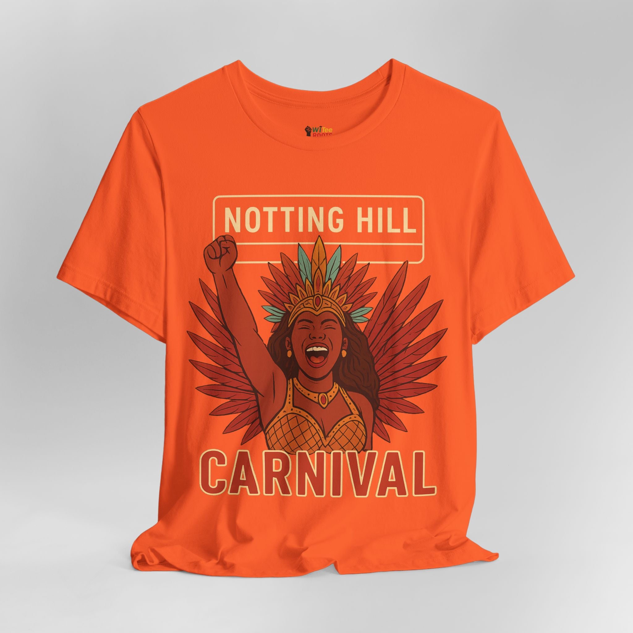 Orange t-shirt with 'Notting Hill Carnival' design on a gray background
