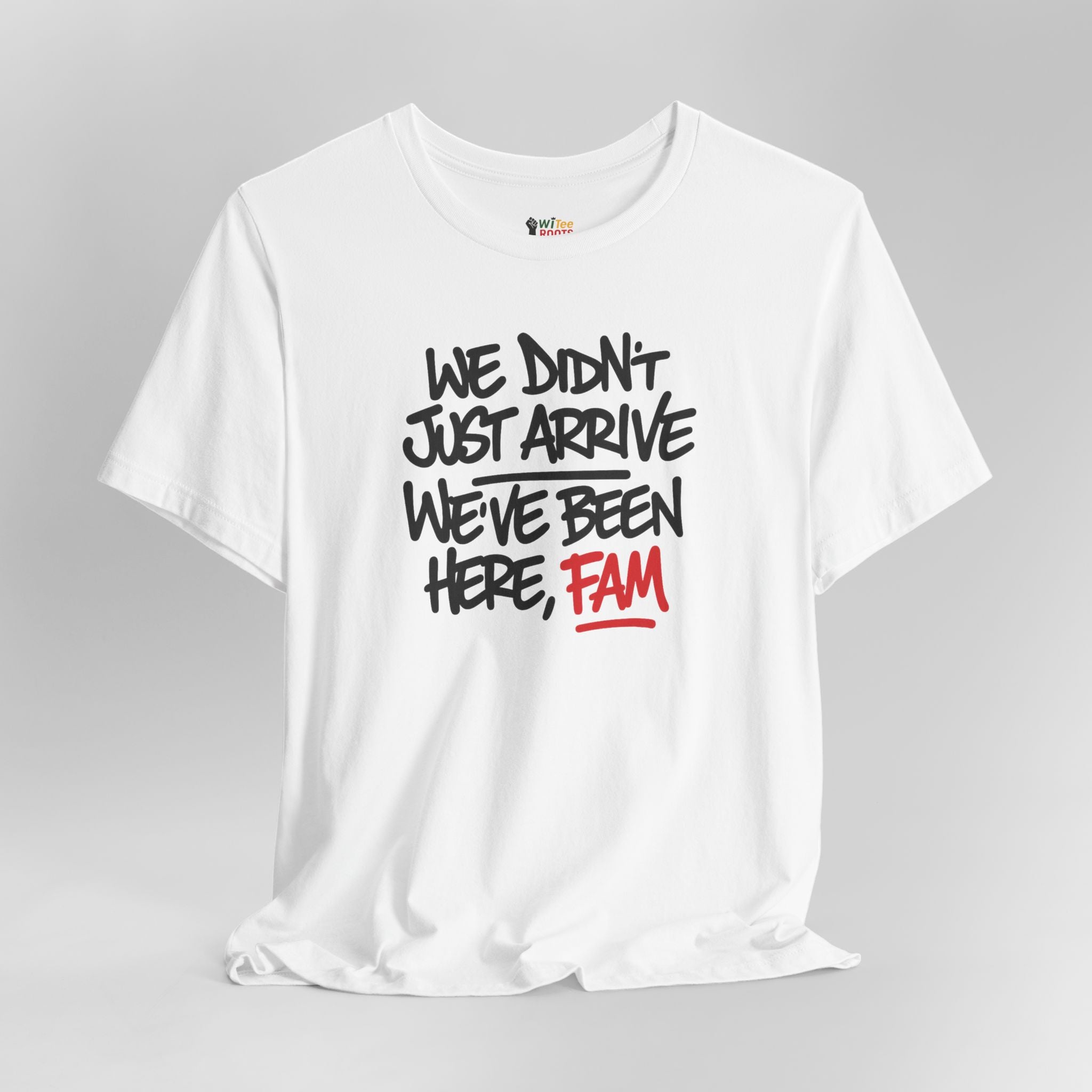 White t-shirt with black and red text on a gray background