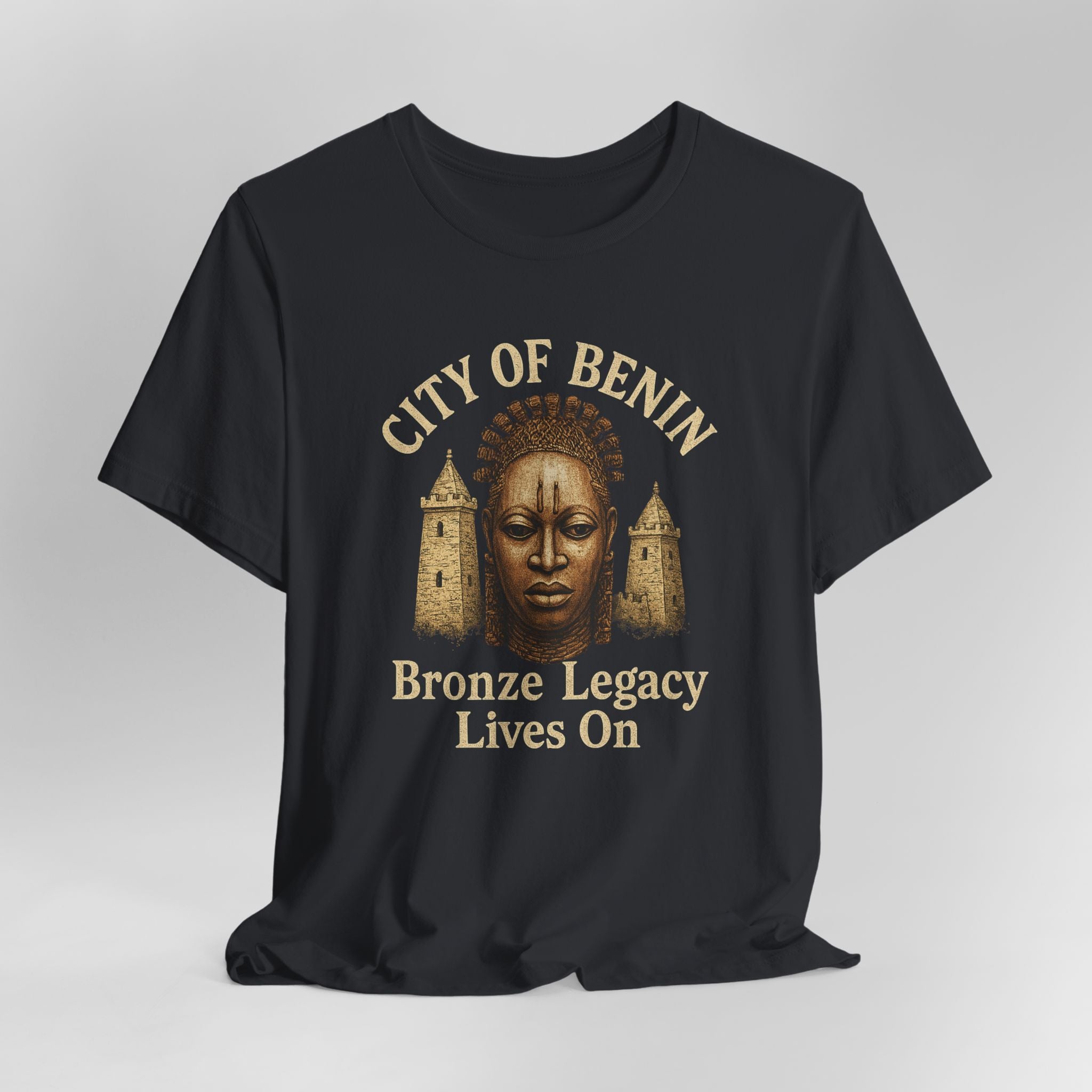 Black t-shirt with 'City of Benin Bronze Legacy Lives On' design on a gray background