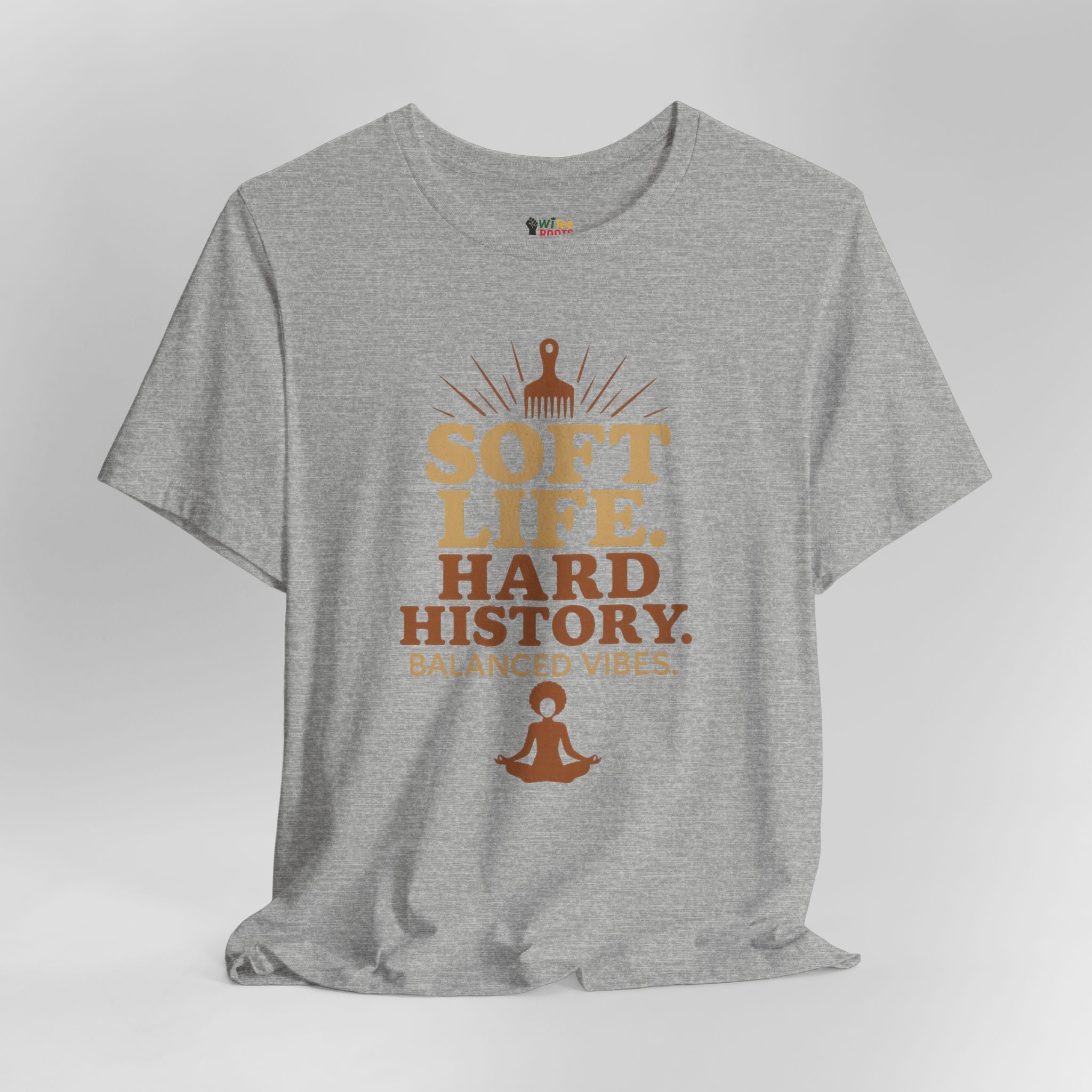 Gray t-shirt with brown graphic and text on a light gray background