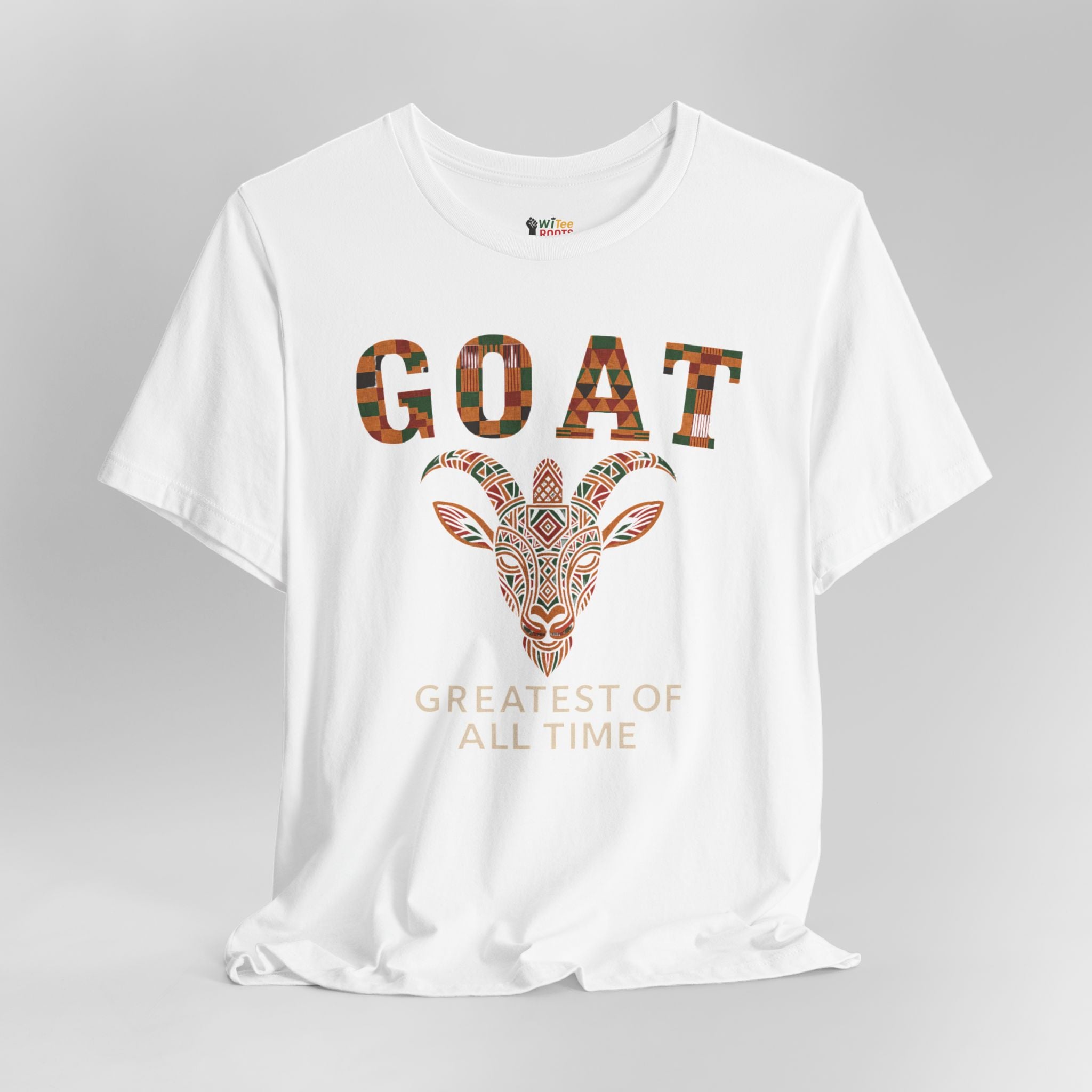 White t-shirt with 'GOAT Greatest of All Time' design featuring a goat illustration on a gray background