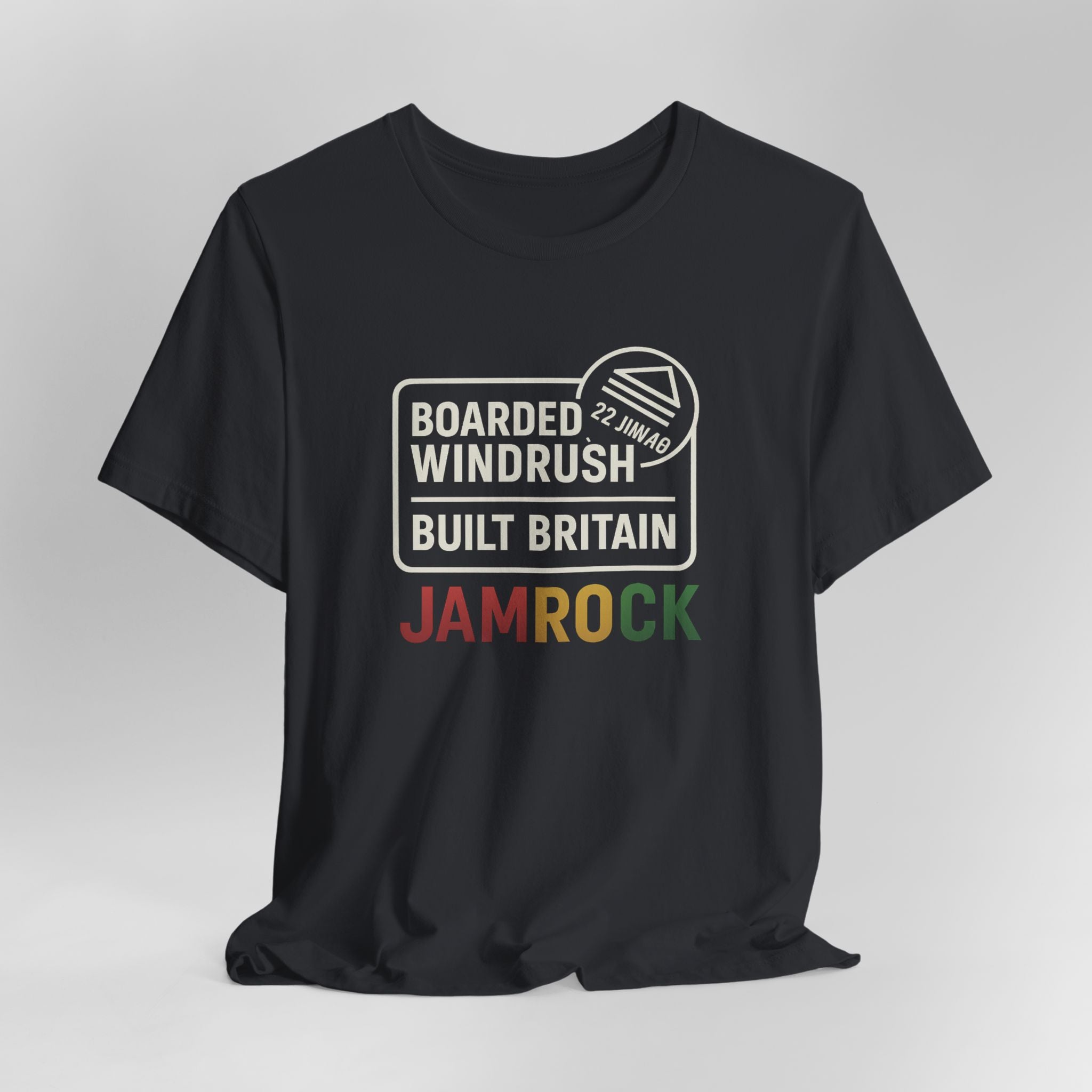 Black t-shirt with text and graphics on a gray background