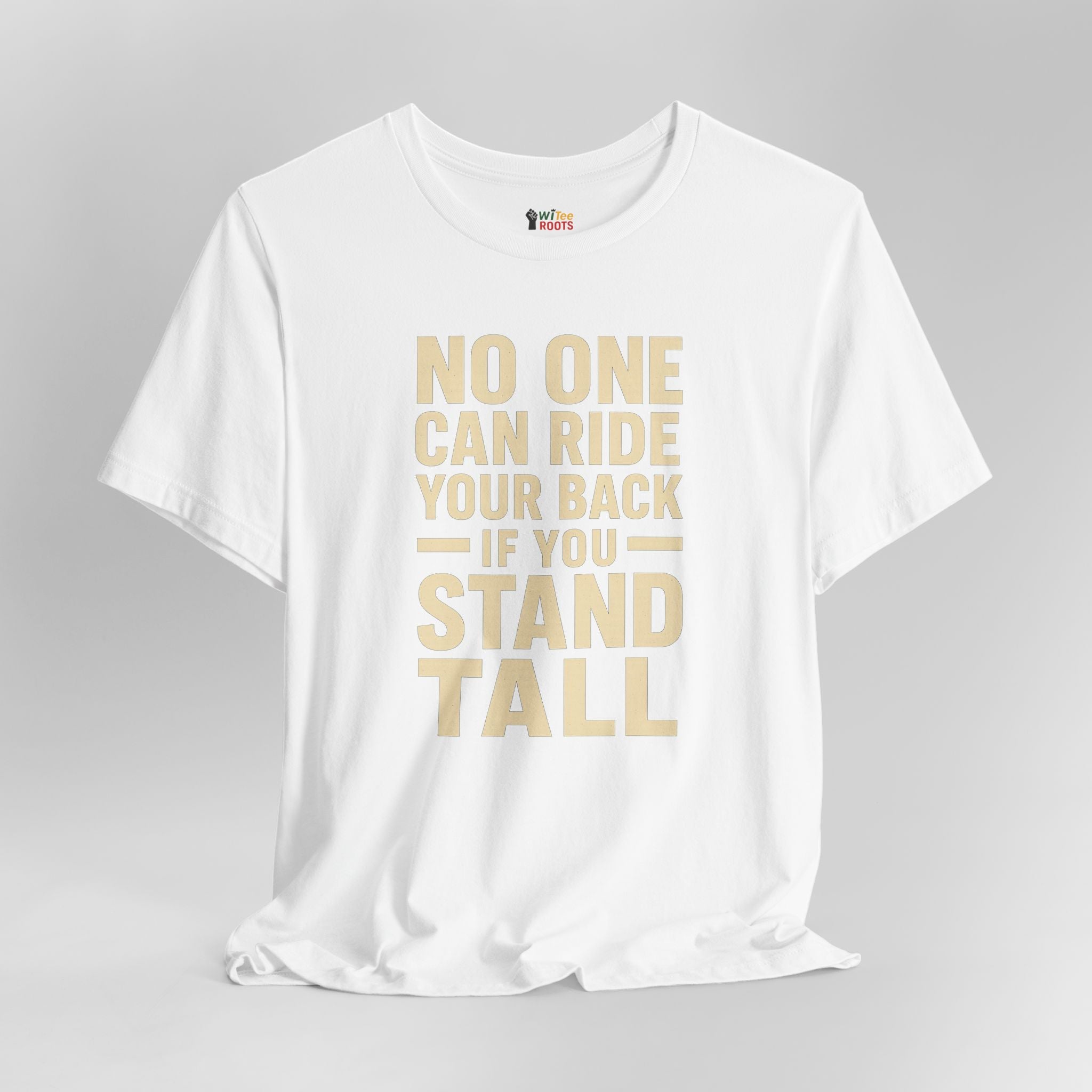White t-shirt with gold text on a gray background