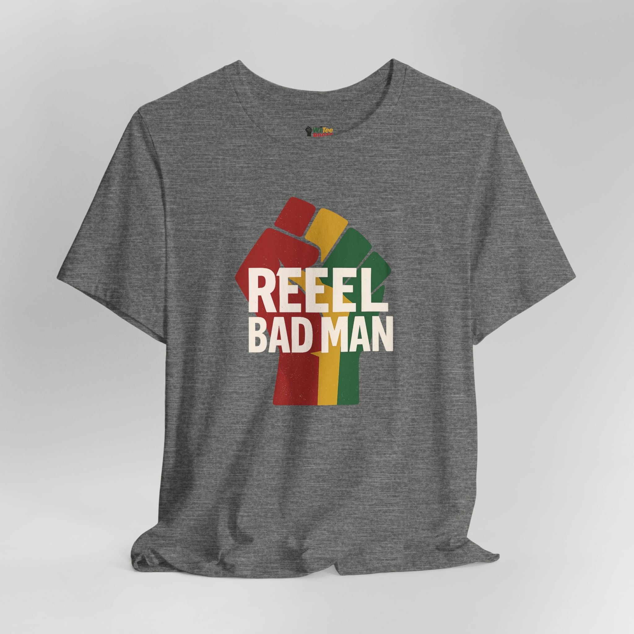 Gray t-shirt with colorful graphic and 'Reel Bad Man' text on a light gray background