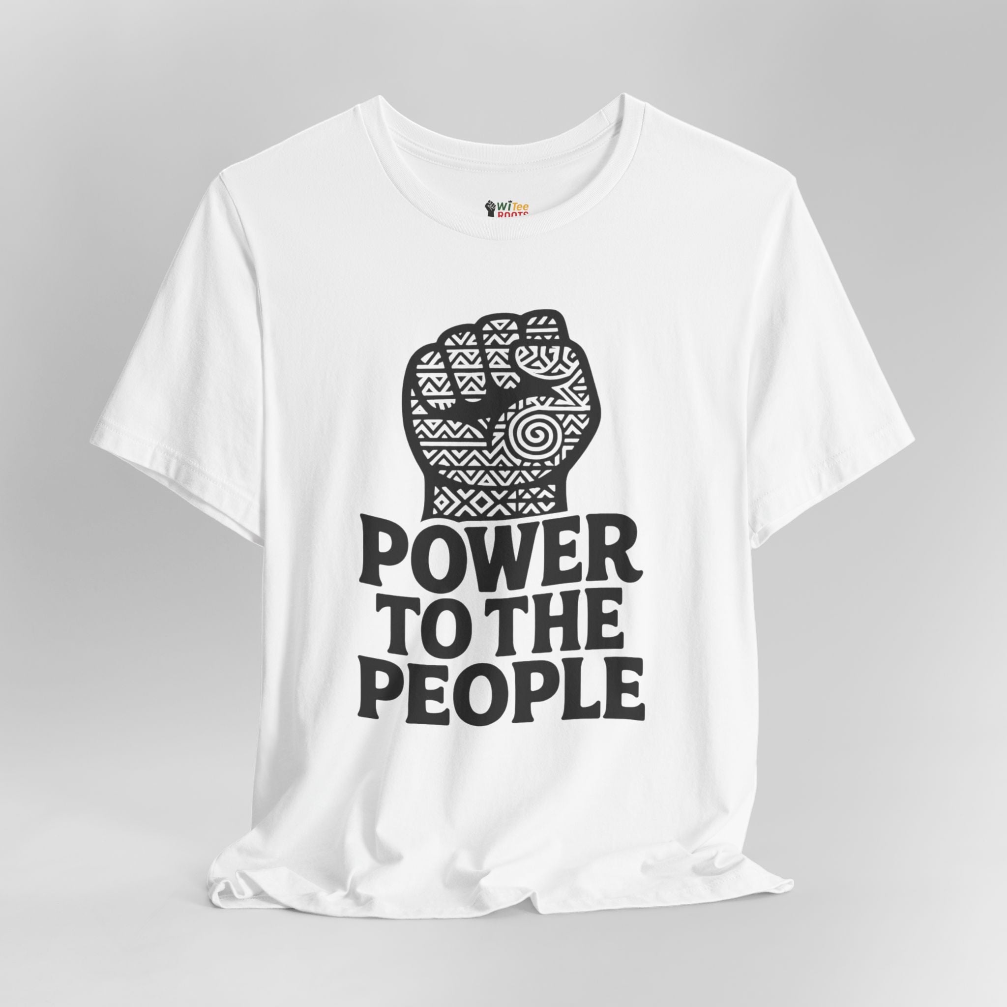 White t-shirt with black graphic and 'Power to the People' text on a gray background