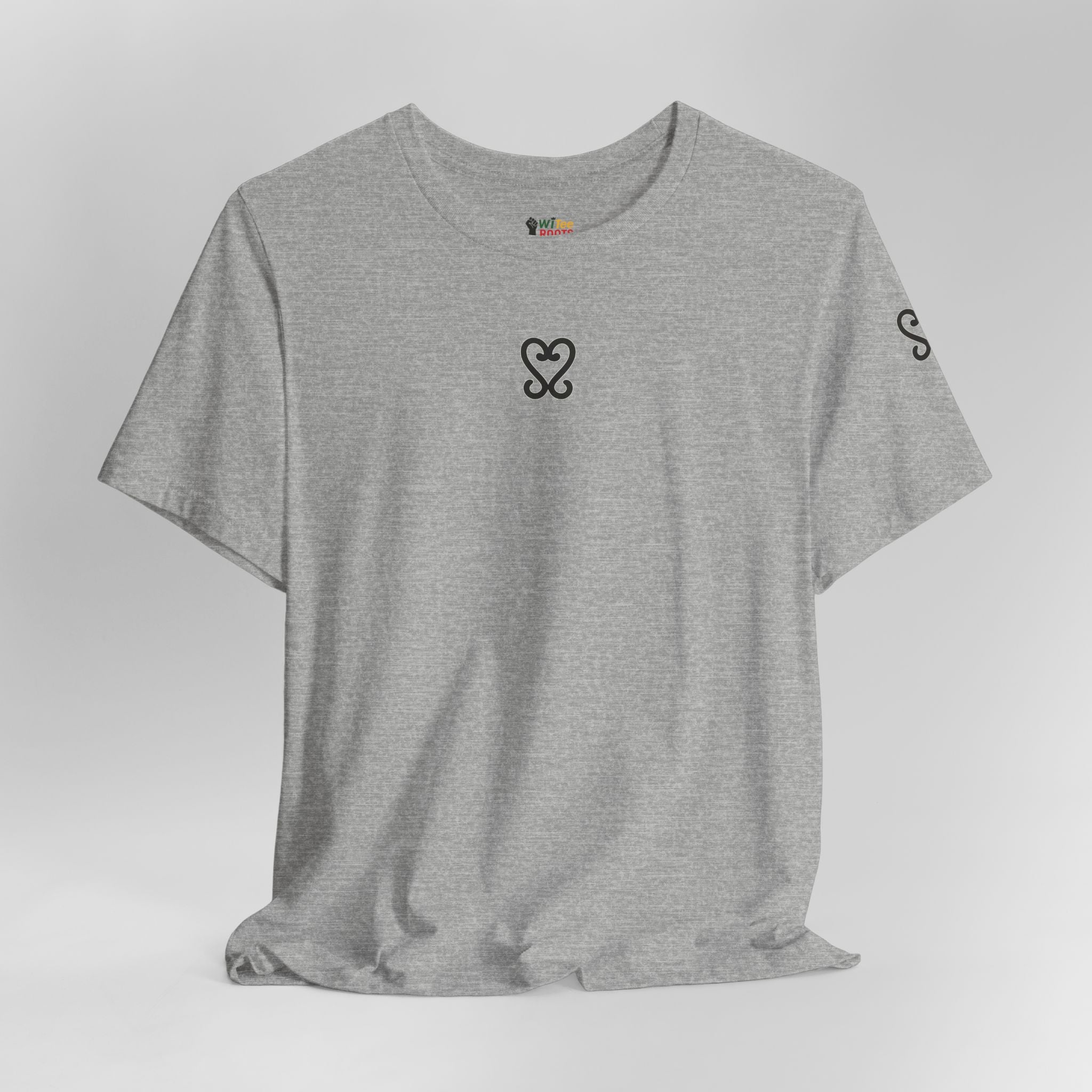 Gray t-shirt with black heart design on a light gray background