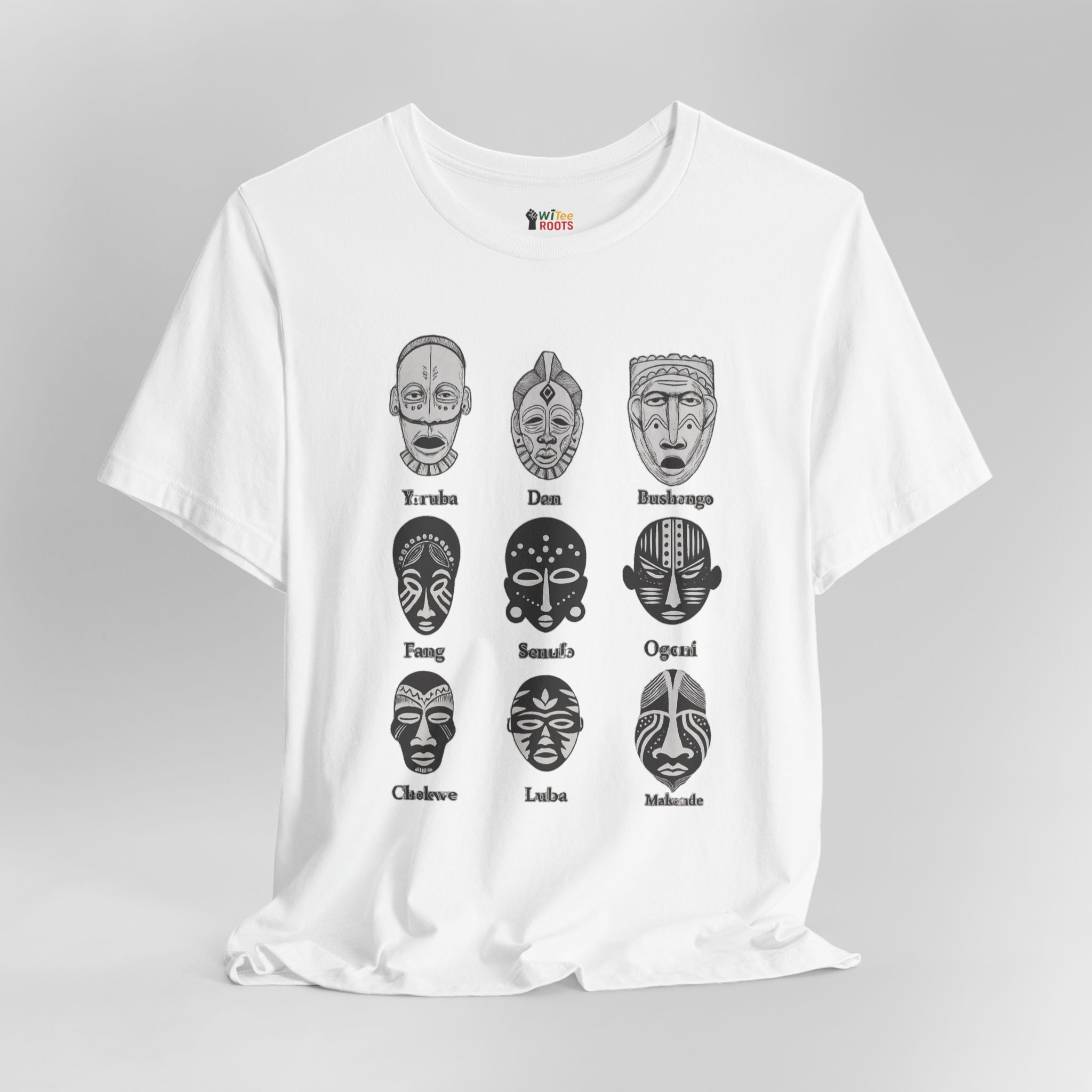 White t-shirt with black mask designs and labels on a gray background