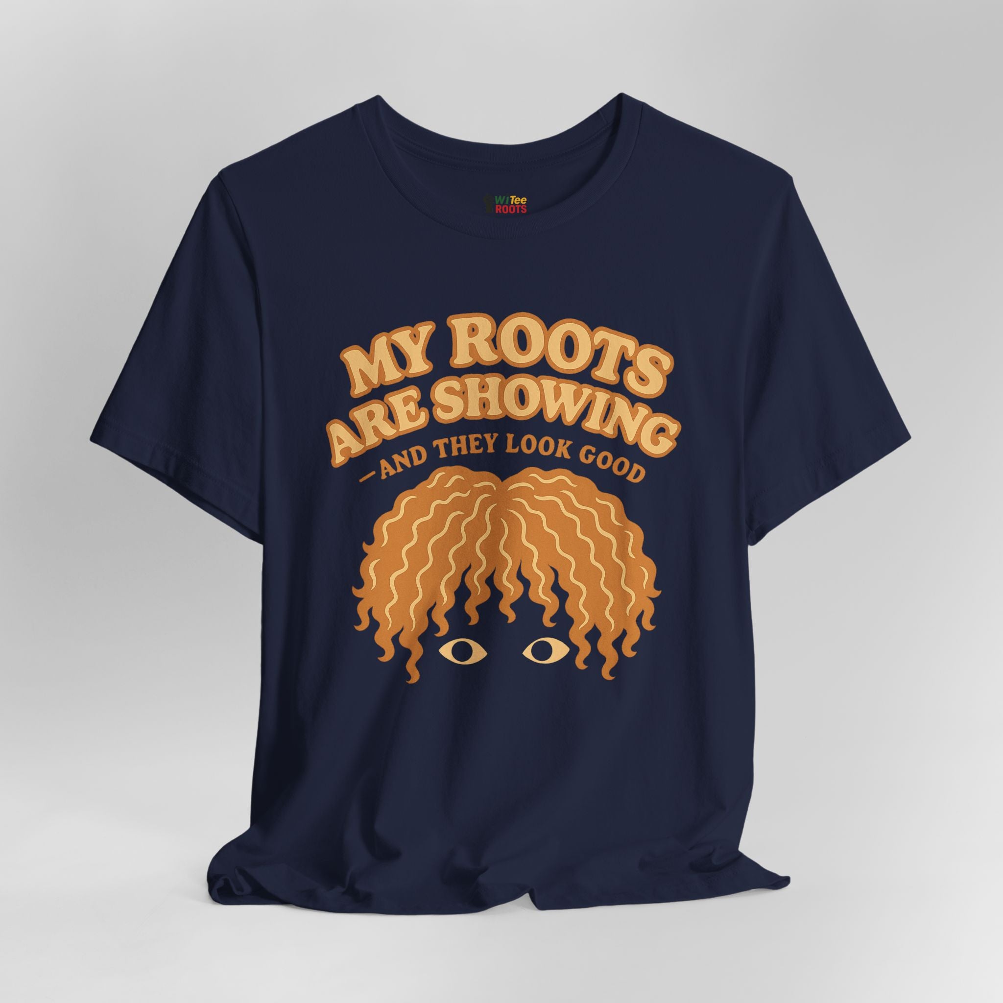 Navy blue t-shirt with yellow graphic and text on a light gray background