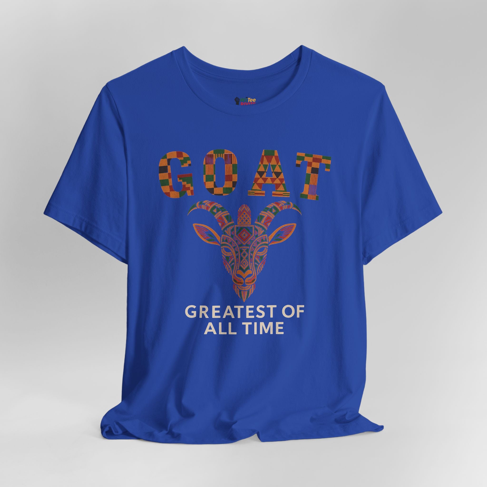 Blue t-shirt with 'GOAT Greatest of All Time' text and goat graphic on a gray background