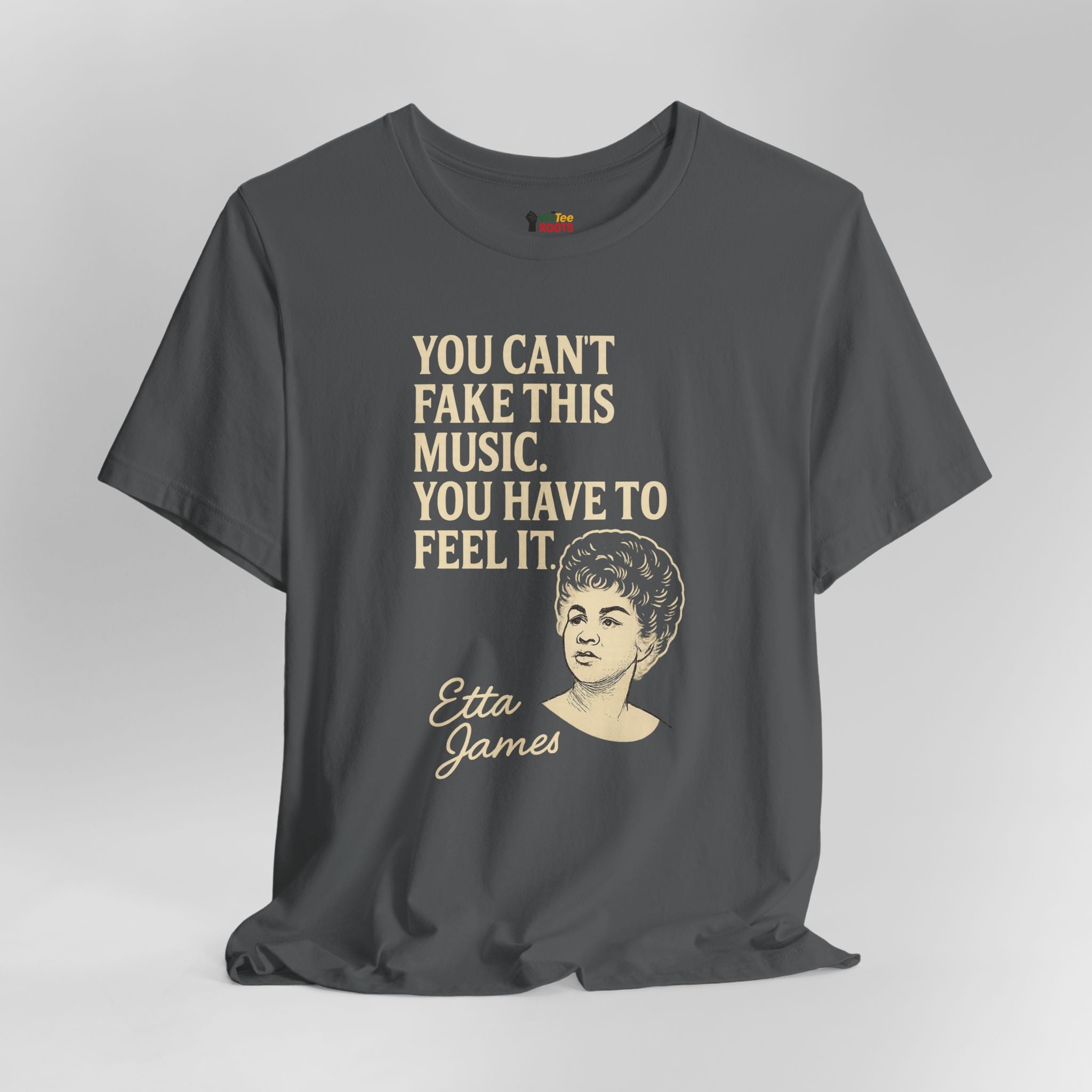 Gray t-shirt with text and a portrait of Etta James on a gray background