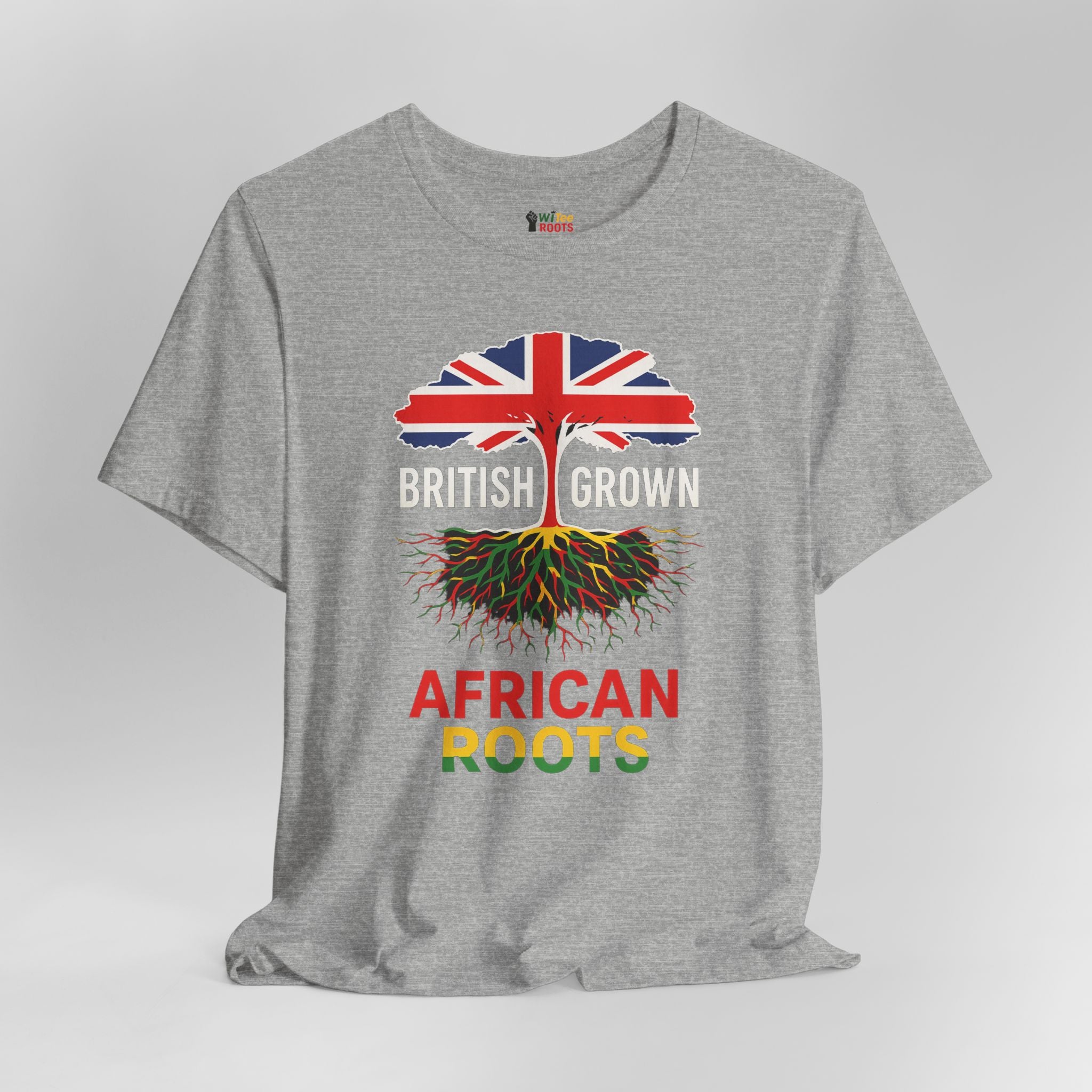 Gray t-shirt with a graphic design featuring the Union Jack, roots, and text on a gray background