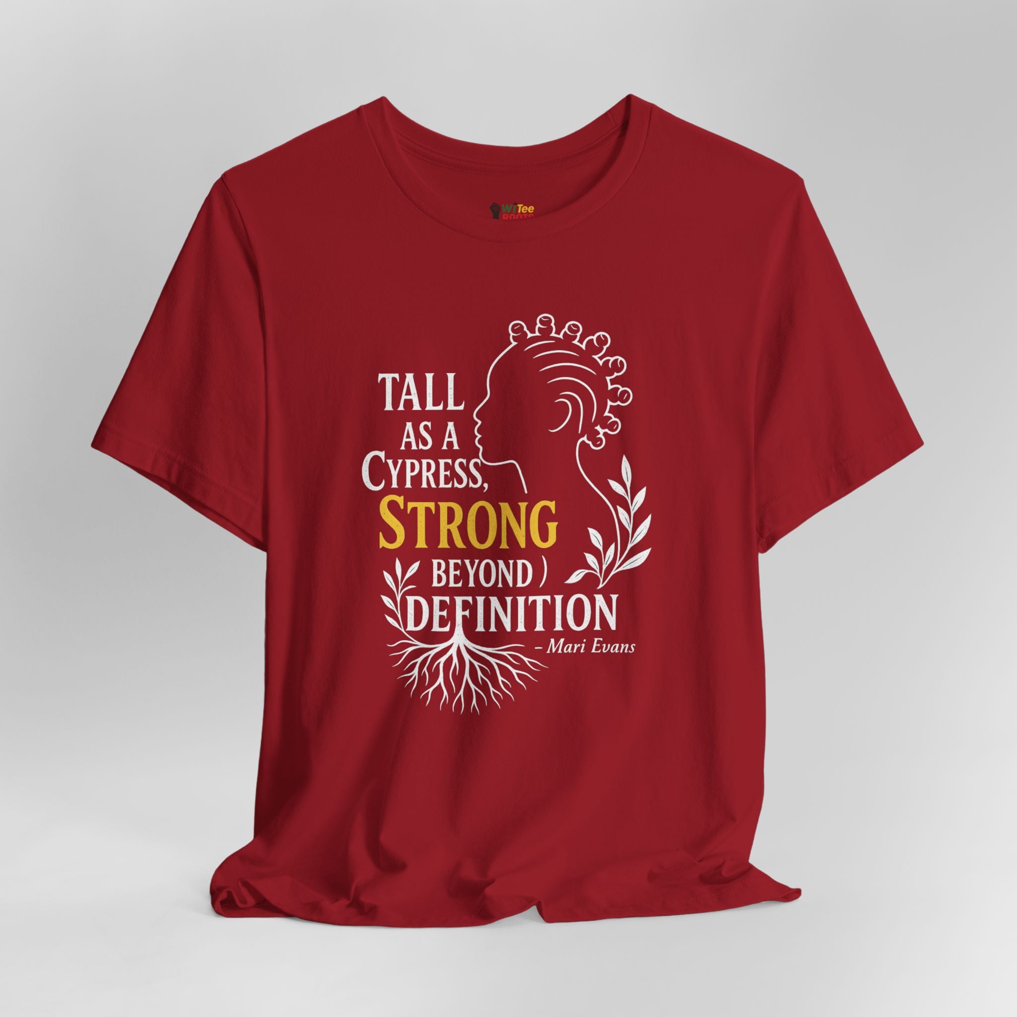 Red t-shirt with motivational quote design on a gray background