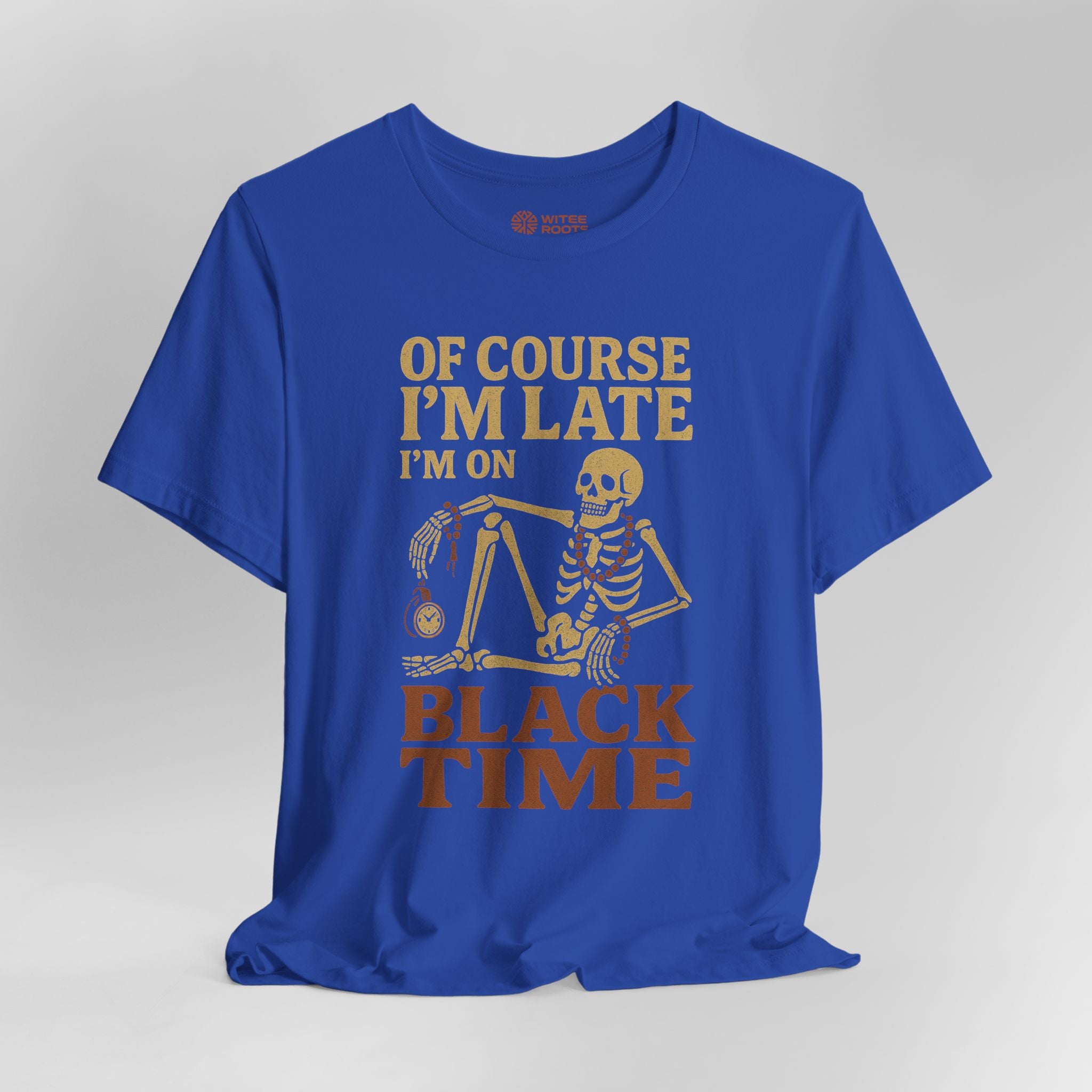 Blue t-shirt with skeleton graphic and text on a gray background