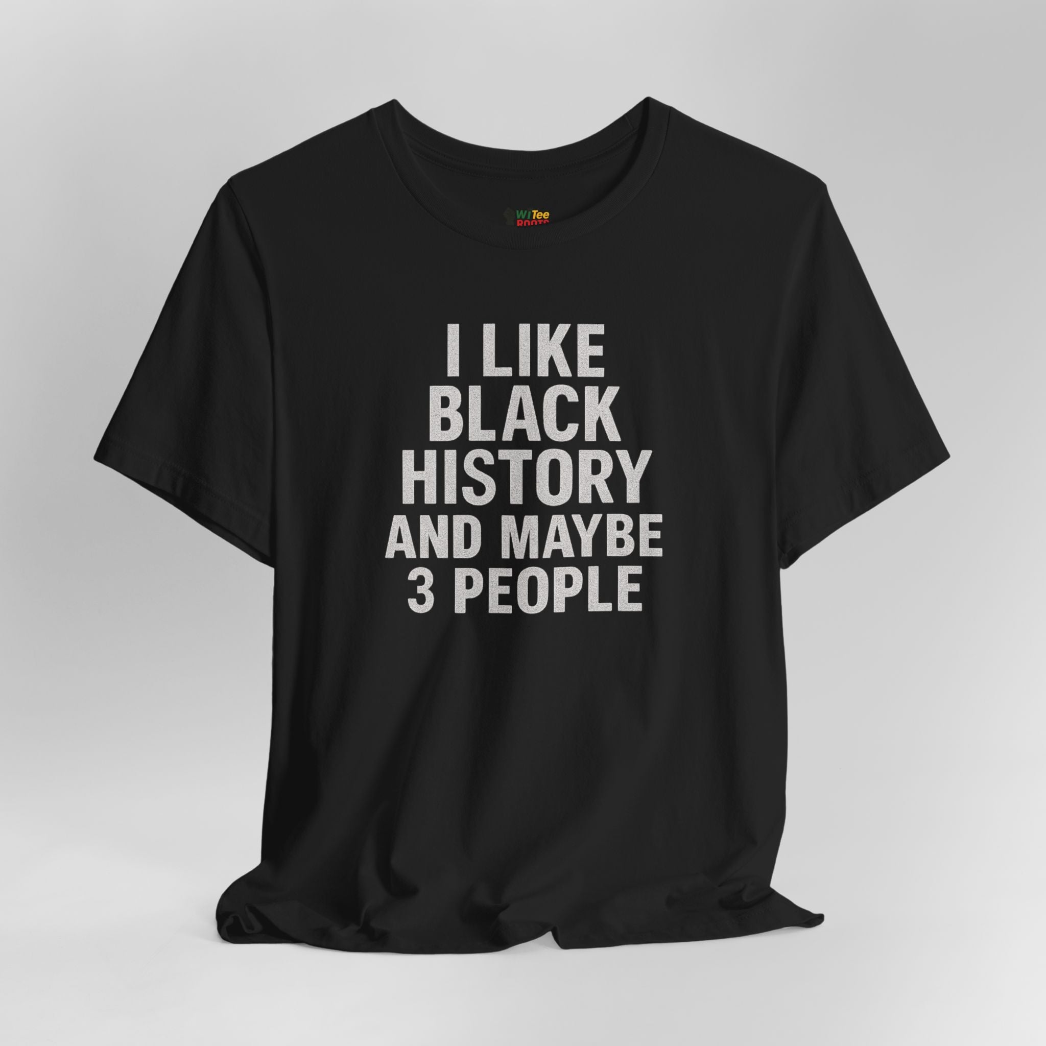 Black t-shirt with white text on a gray background