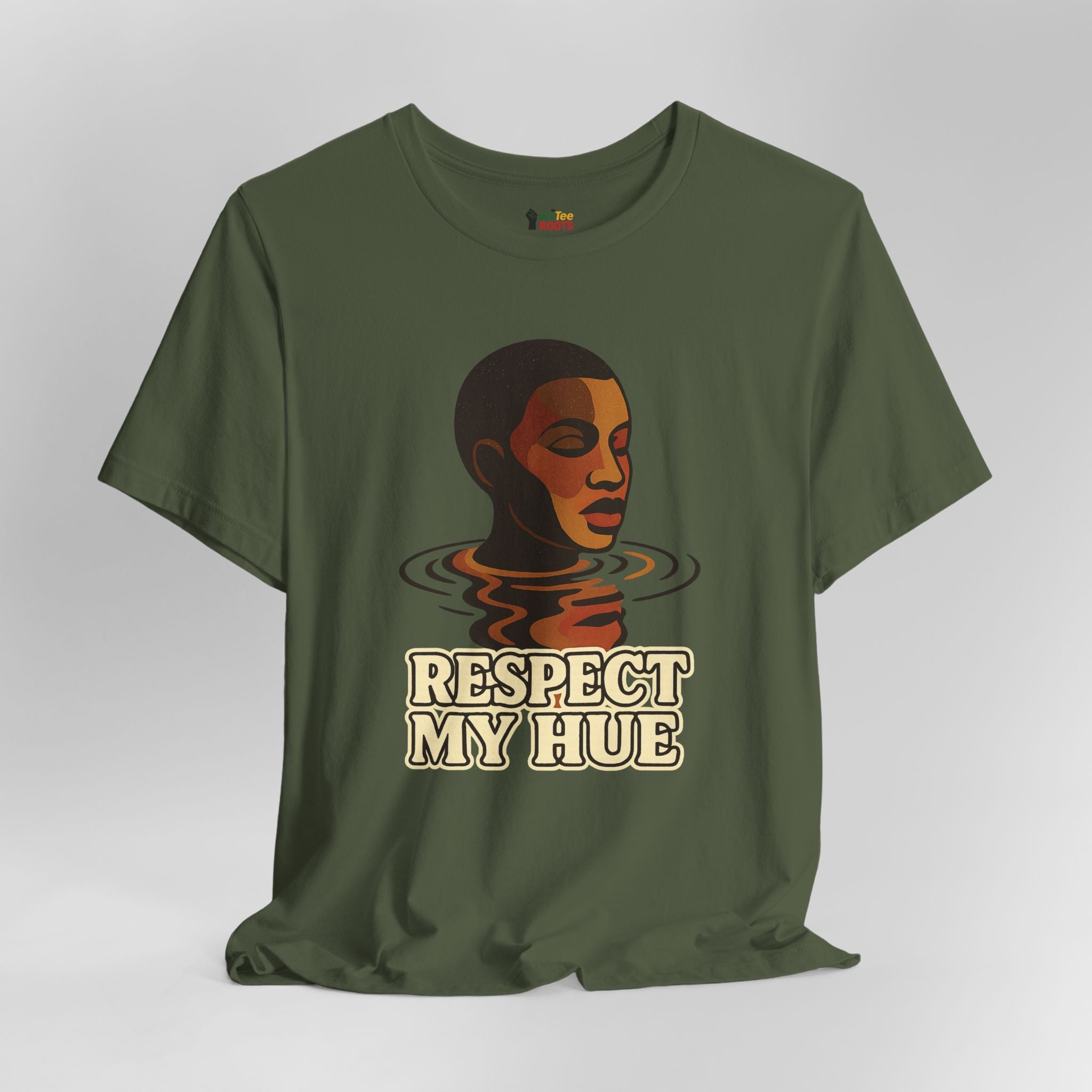 Green t-shirt with a graphic of a face and 'Respect My Hue' text on a gray background