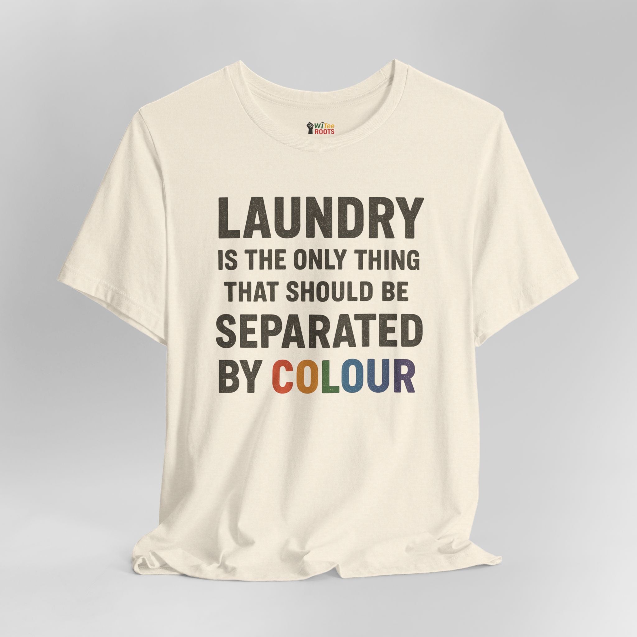 Beige t-shirt with humorous laundry text on a gray background
