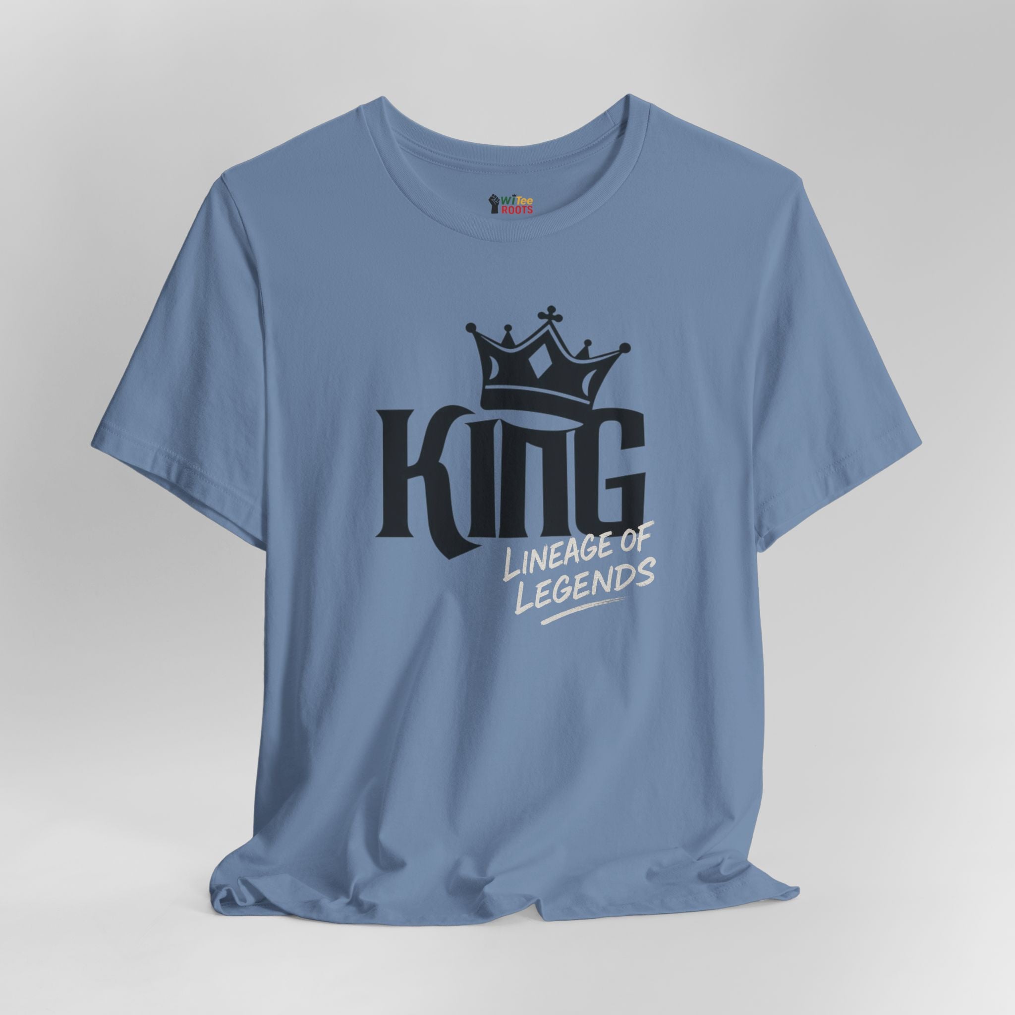 Blue t-shirt with 'King Lineage of Legends' text and crown graphic on a gray background