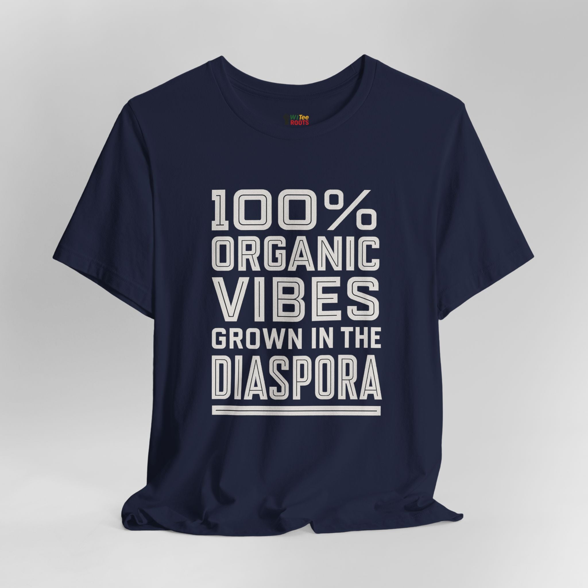 Navy blue t-shirt with white text on a gray background