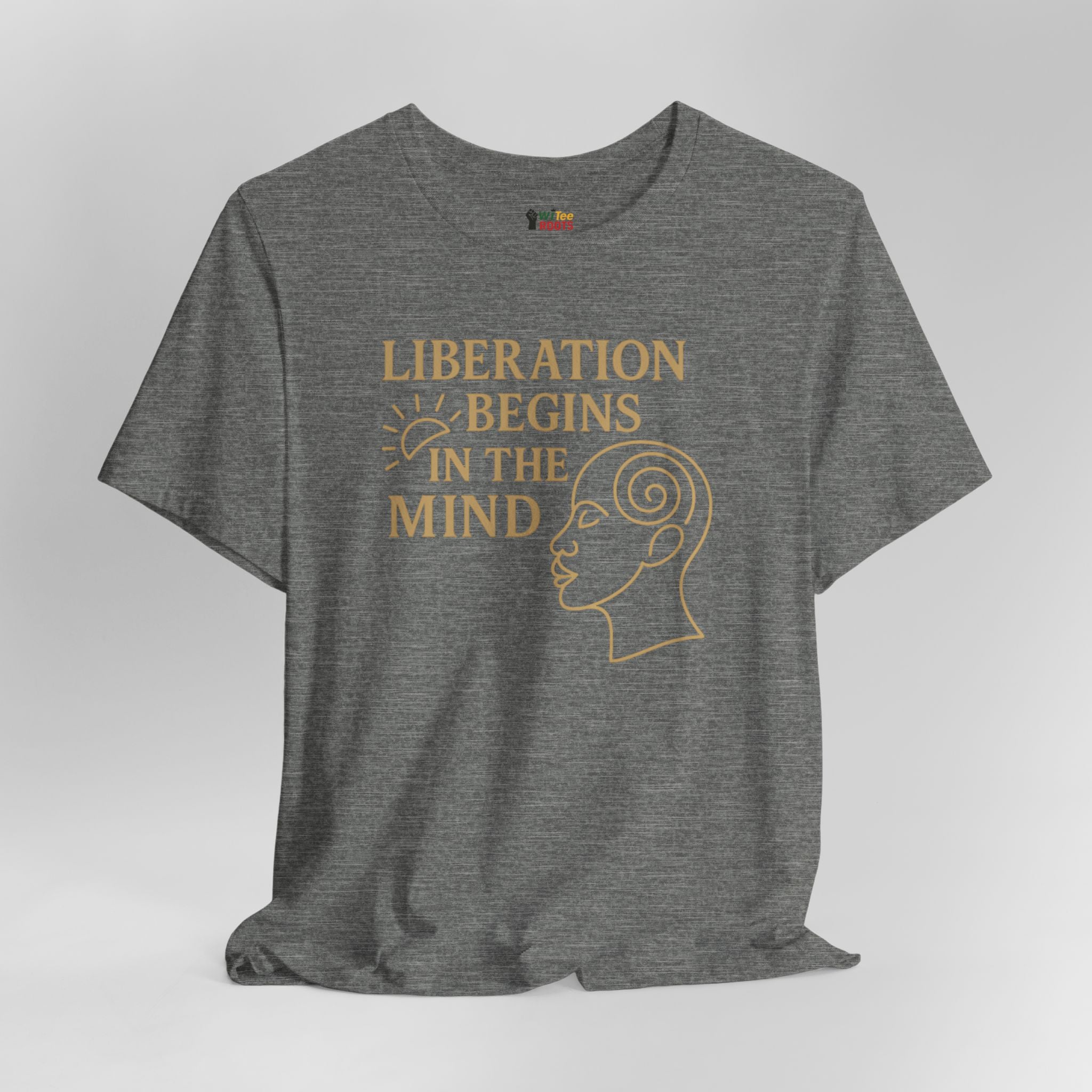 Gray t-shirt with 'Liberation Begins in the Mind' text and graphic on a white background