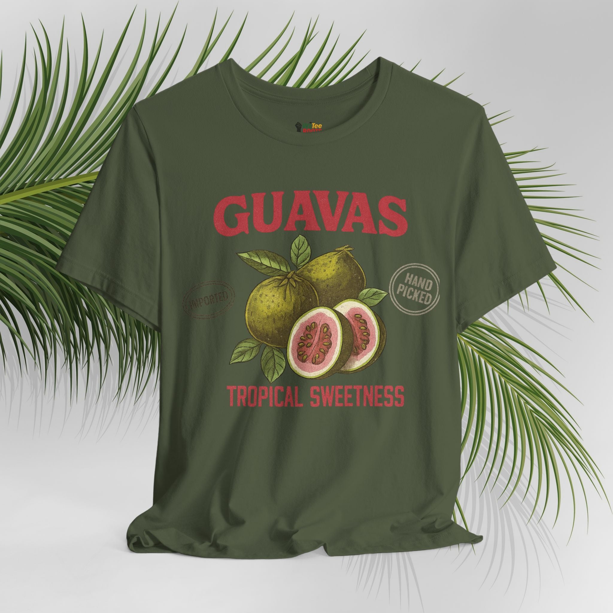 Green t-shirt with guava graphic and text on a light gray background with green leaves.