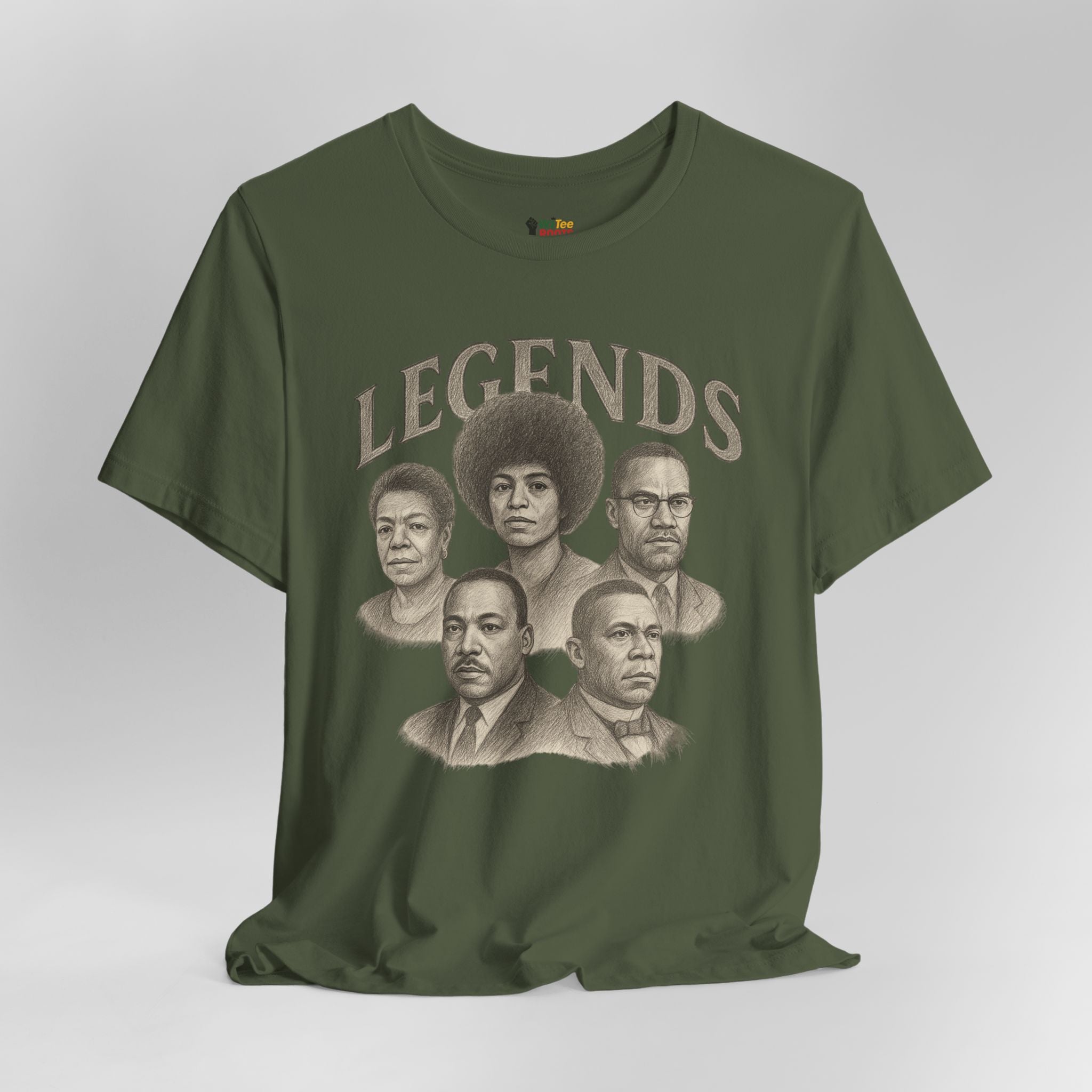 Green t-shirt with graphic of five individuals and 'LEGENDS' text on a gray background