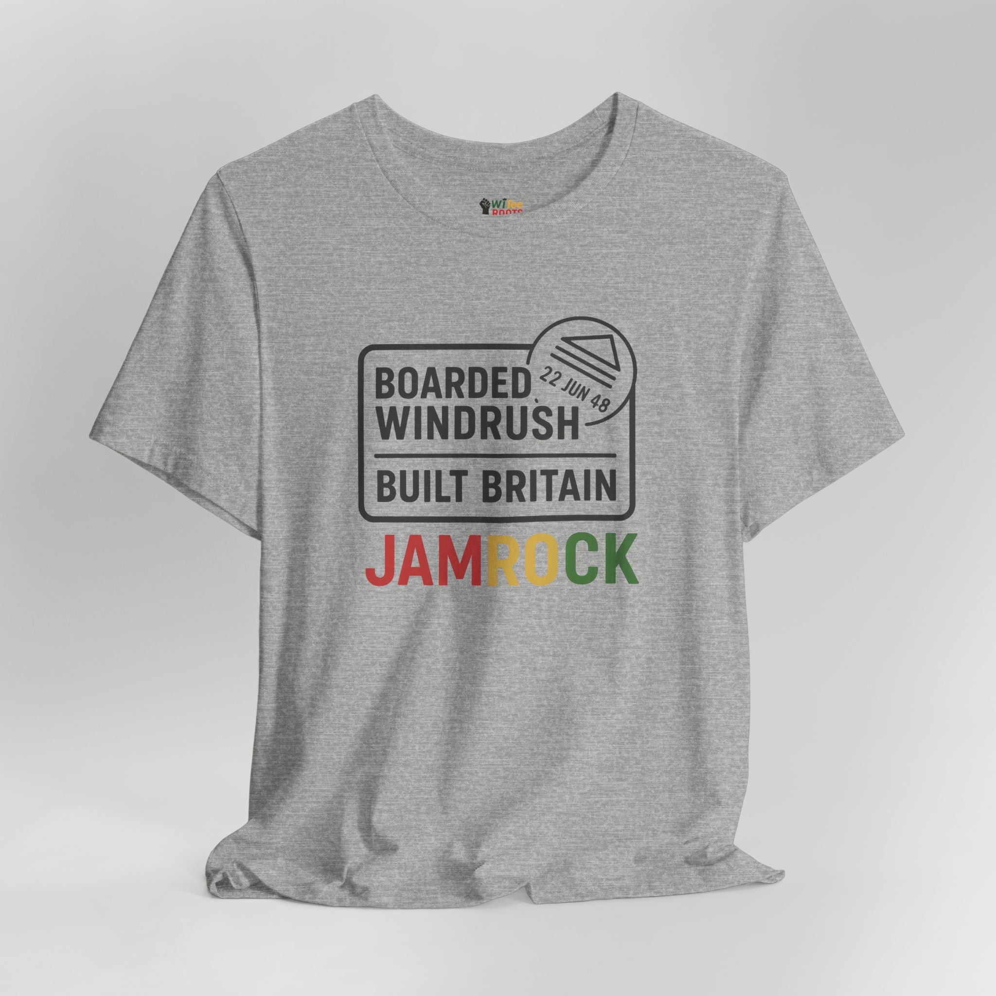 Gray t-shirt with text and graphics on a white background